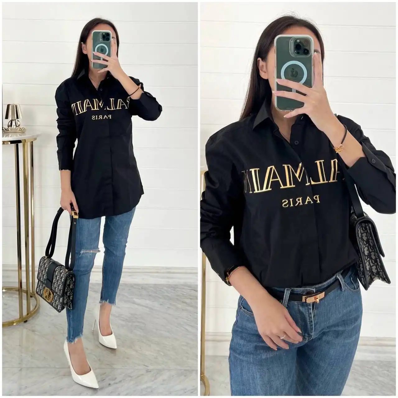 Balmain Balmain Long Sleeve Shirt Black Logo Gold