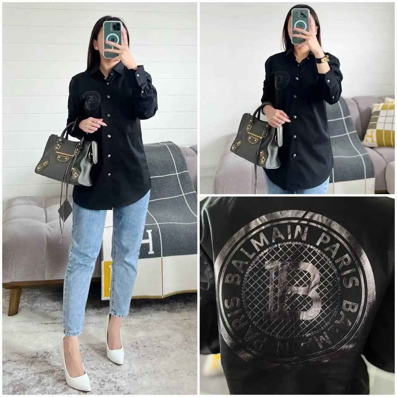 Balmain Balmain Long Sleeve Shirt Black Back Round Logo Metallic