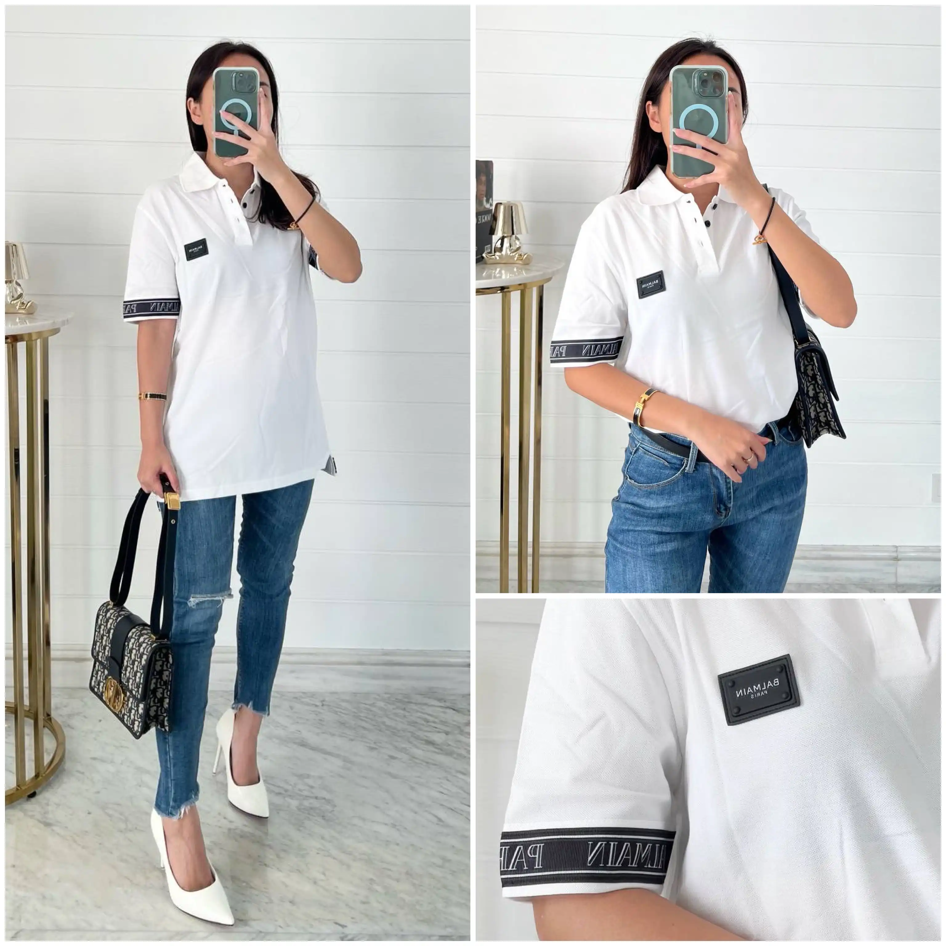 Balmain Balmain Polo Shirt White Plat Logo Tape on Sleeve