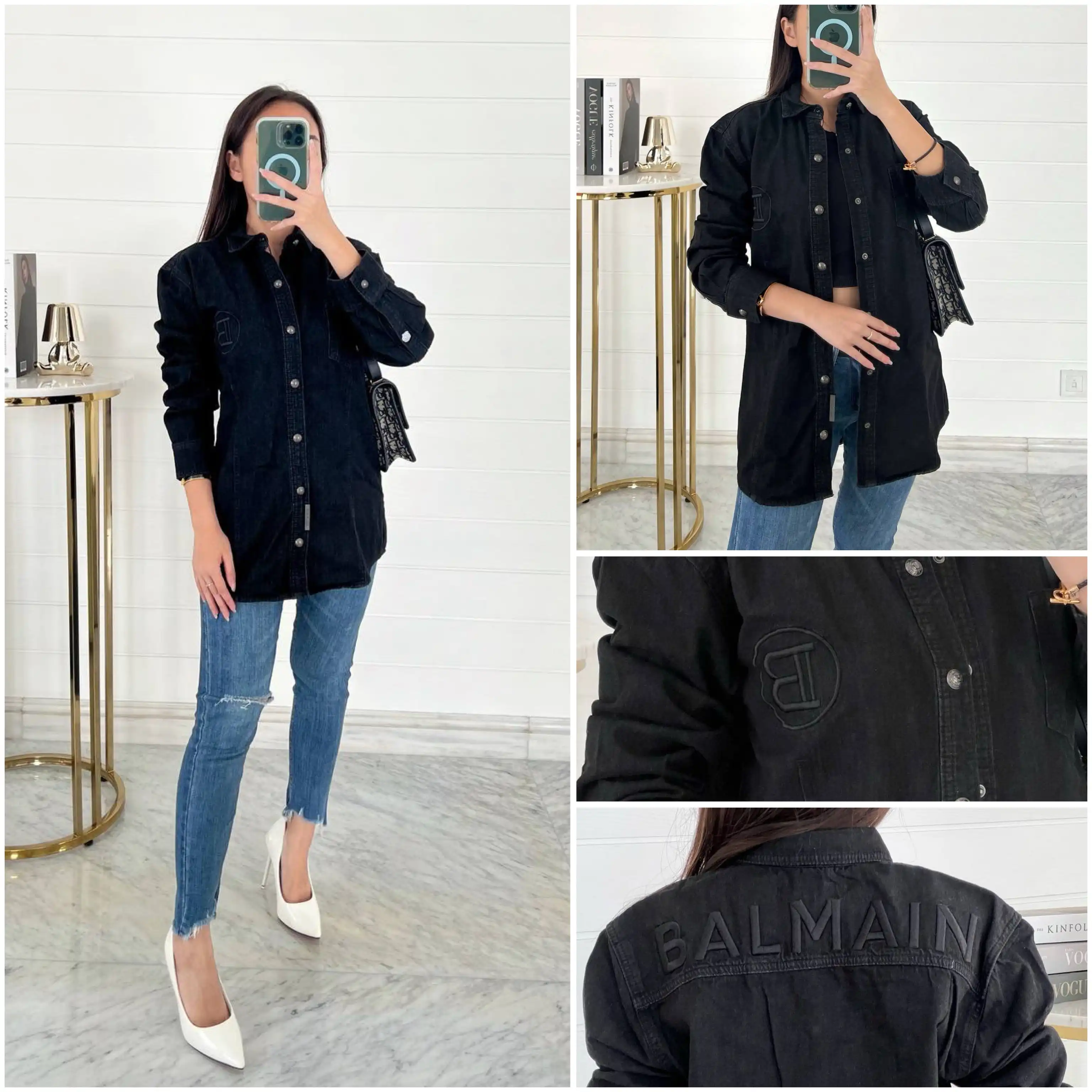 Balmain Balmain Long Sleeve Denim Shirt Black Logo B Black