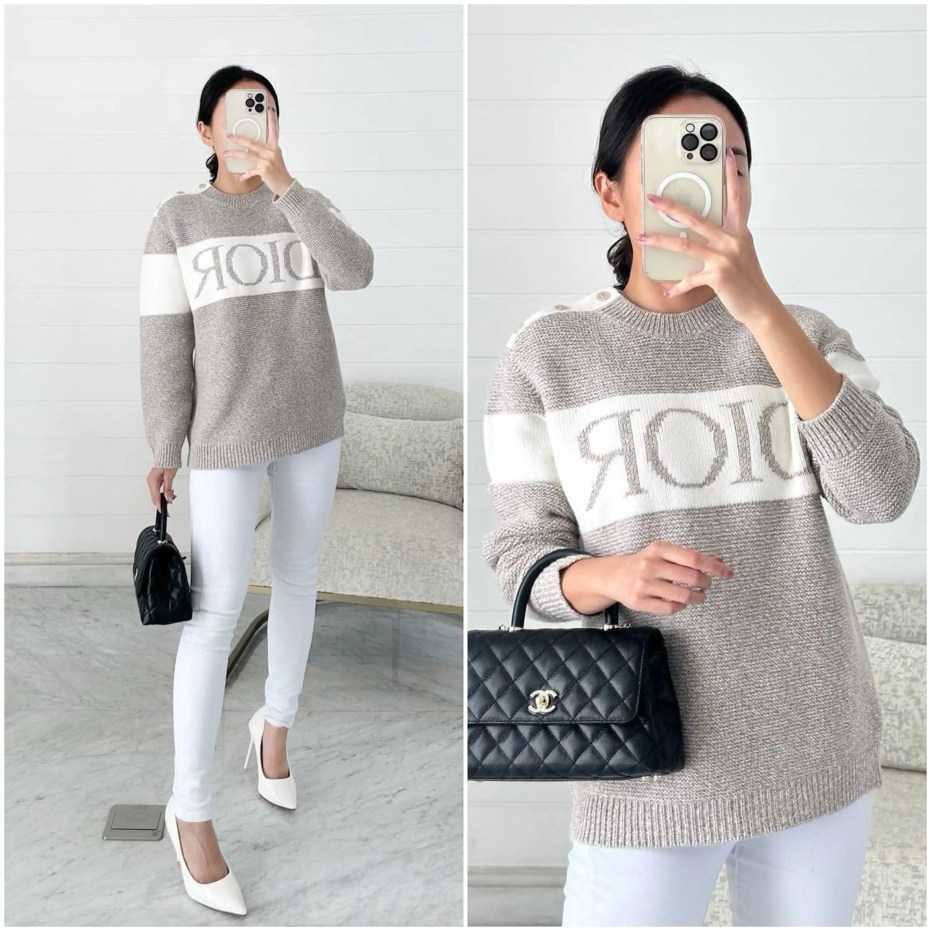 DIOR DIOR Sweater Heathered Beige and Ivory Wool Tricot Knit and Cashmere