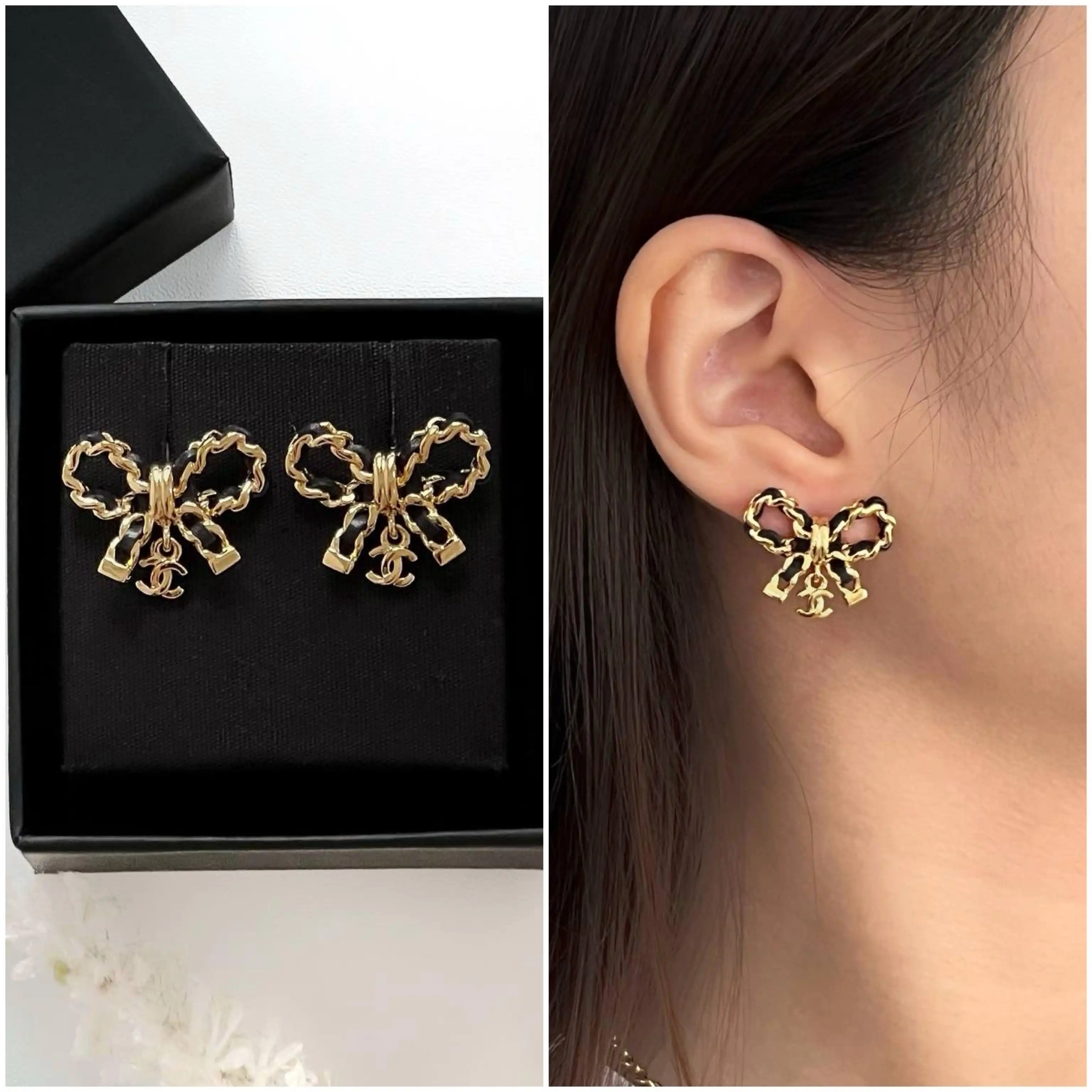 CHANEL Chanel Earring Ribbon Black GHW