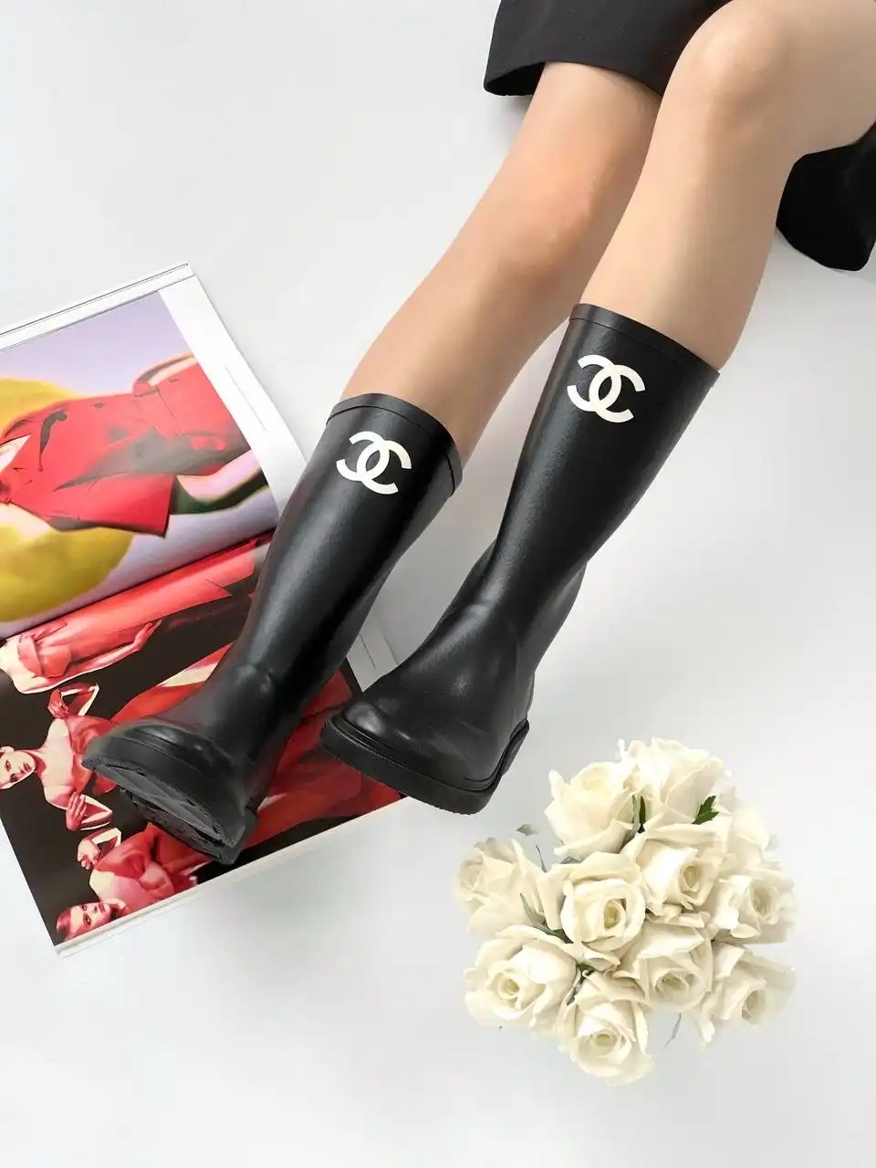 CHANEL Chanel Boots Black With White Logo