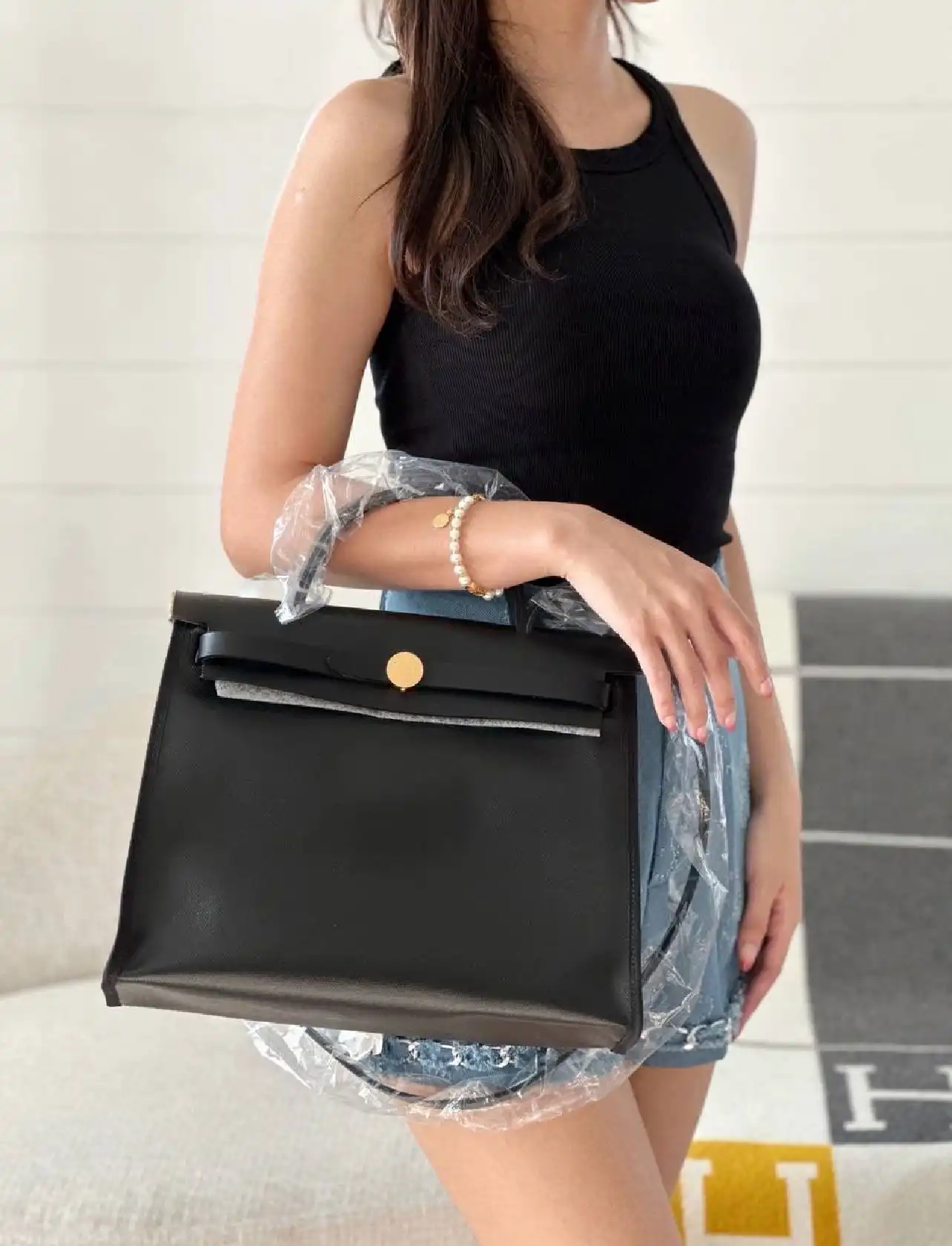 Hermes Hermes Herbag HB31 Black Coated Canvas GHW