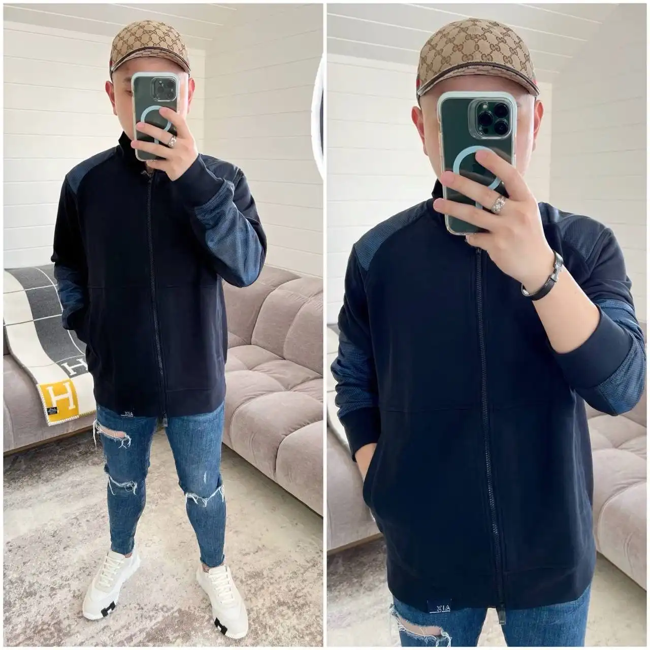 Armani Exchange AX French Terry Cotton Blend Camouflage Fleece Cardigan Navy Blue - photo 1