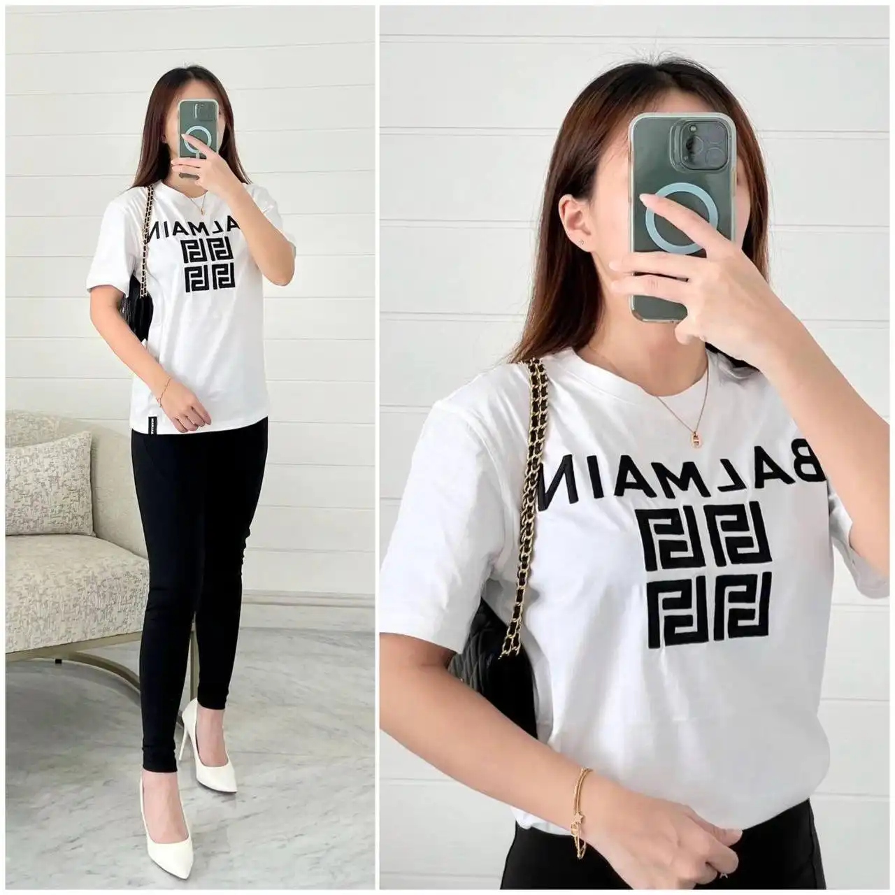 Balmain Tshirt White Square Logo Black - photo 2