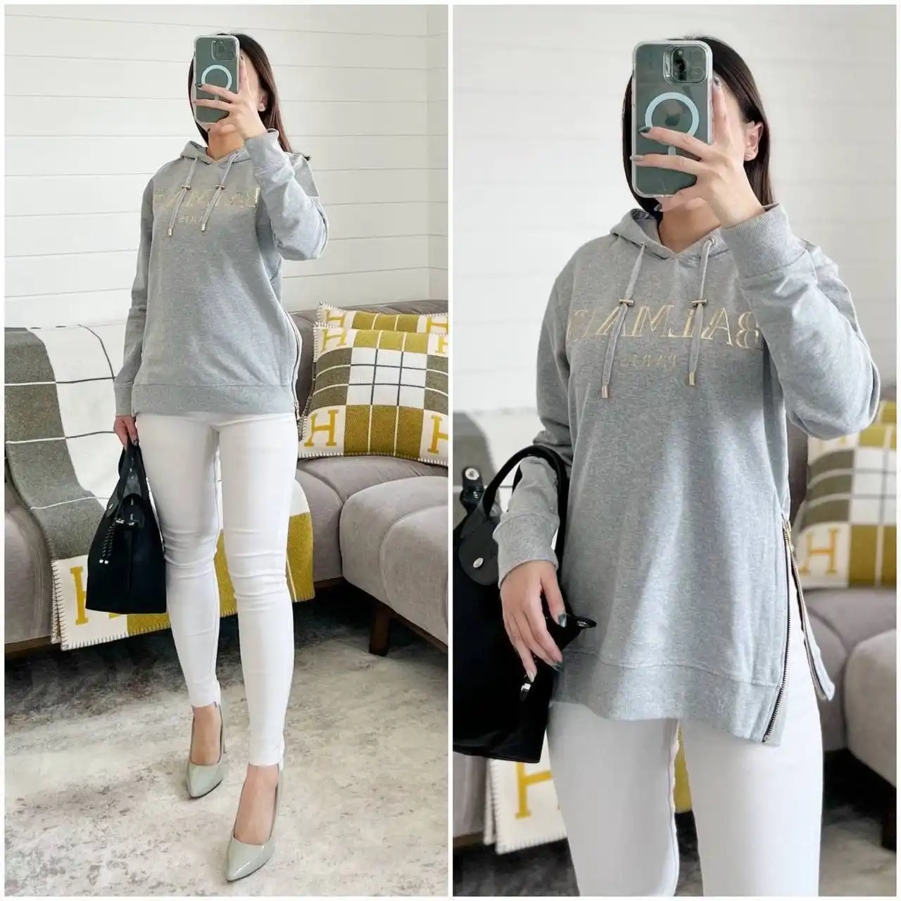 Balmain Balmain Classic Hoodie Grey with Gold Logo Romawi