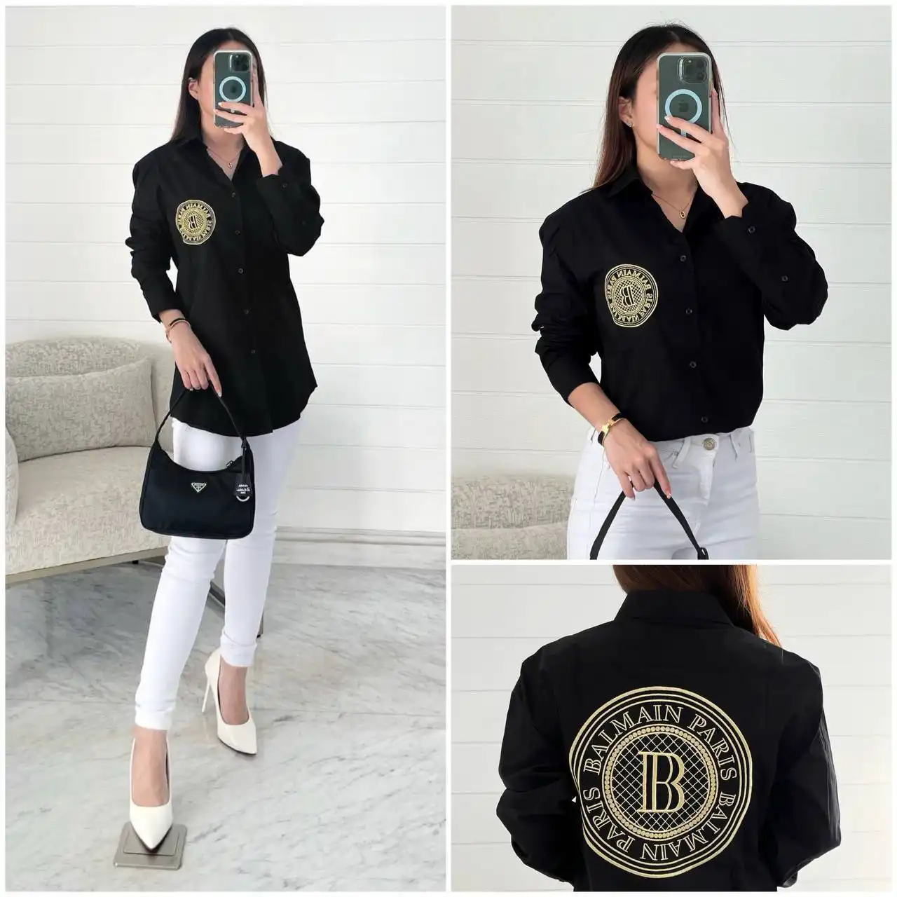 Balmain Balmain Long Sleeve Shirt Black Logo Embroidered Gold Medalion