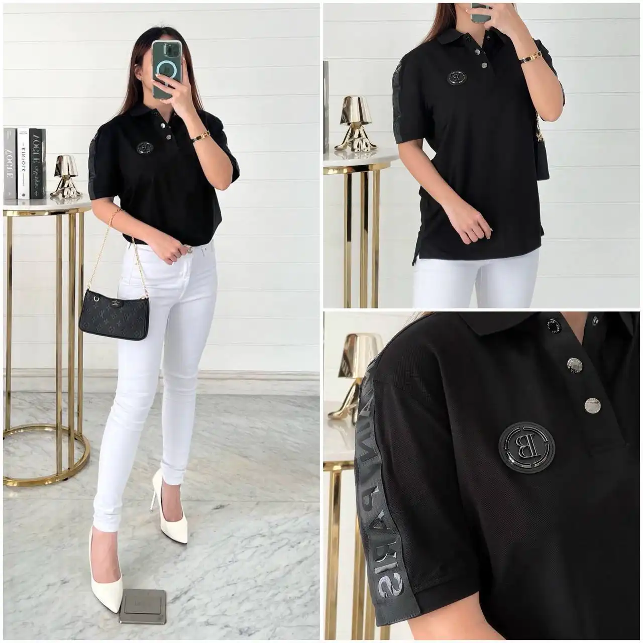 Balmain Balmain polo black tape leather black on shoulder