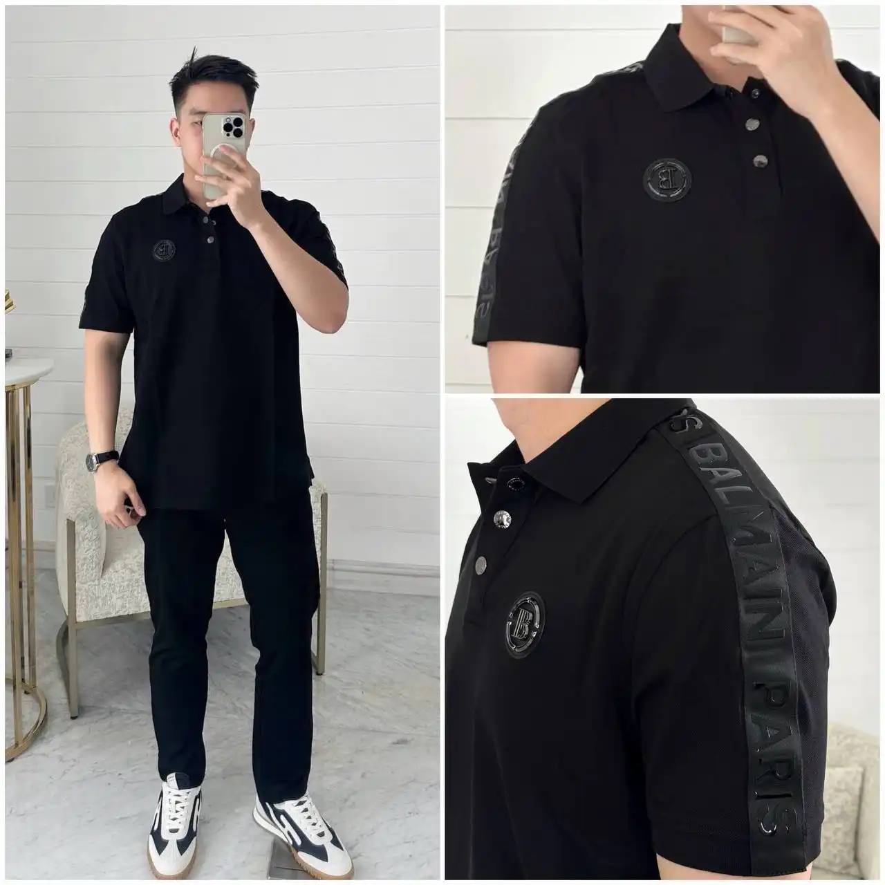 Balmain Balmain polo black tape leather black on shoulder