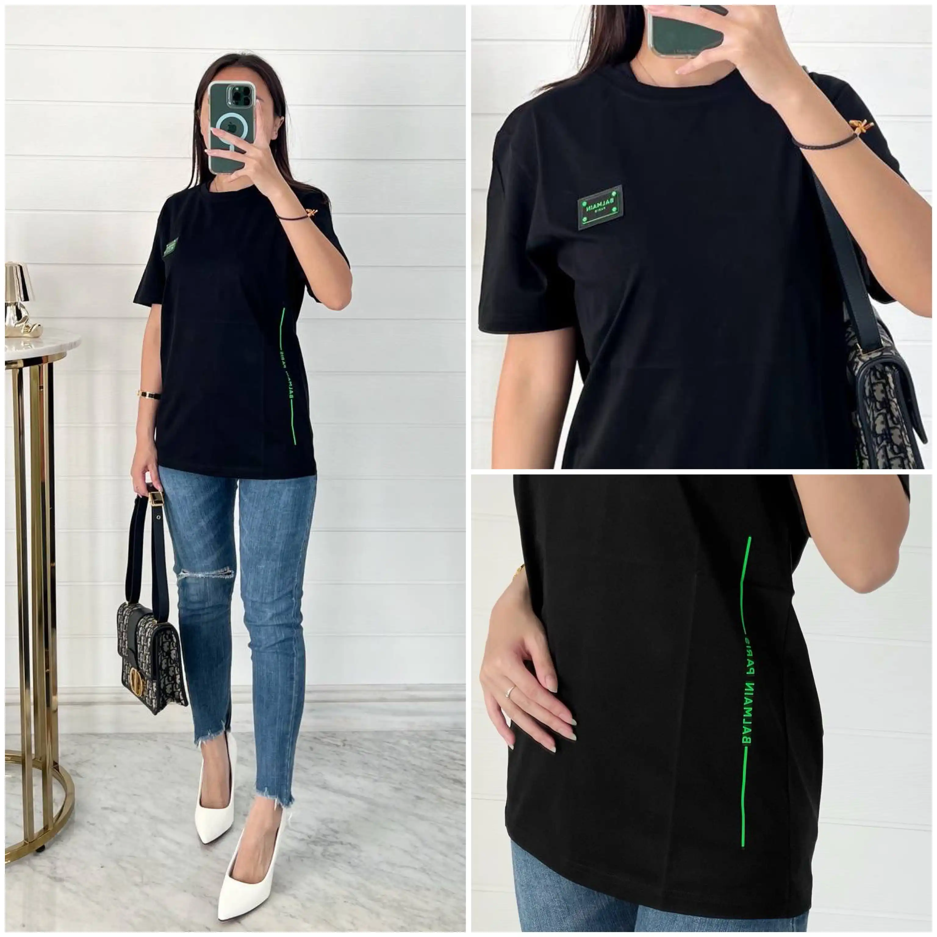 Balmain Balmain Tshirt Black Logo Plat Green