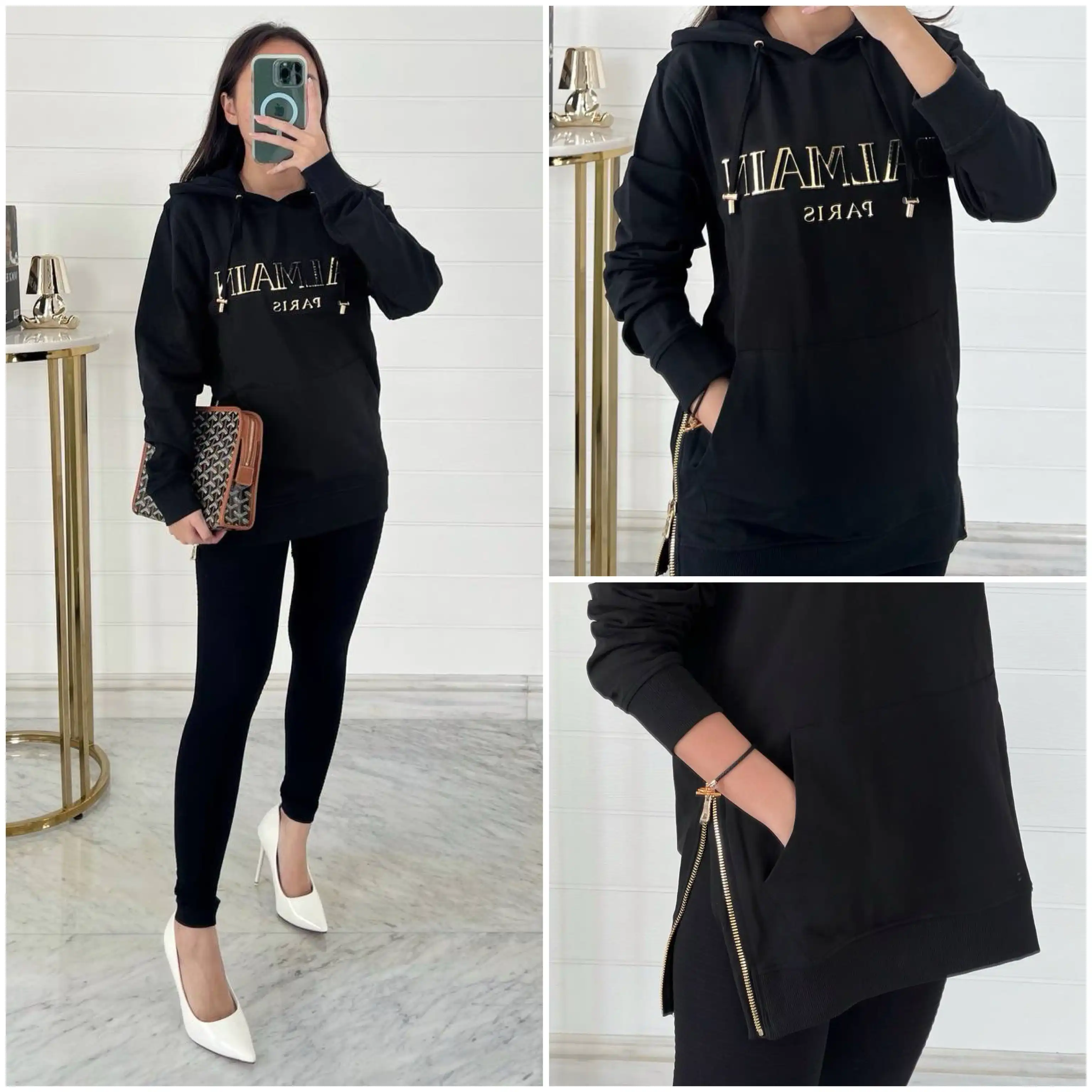 Balmain Hoodie Black Classic Font Logo Mid Gold - photo 2