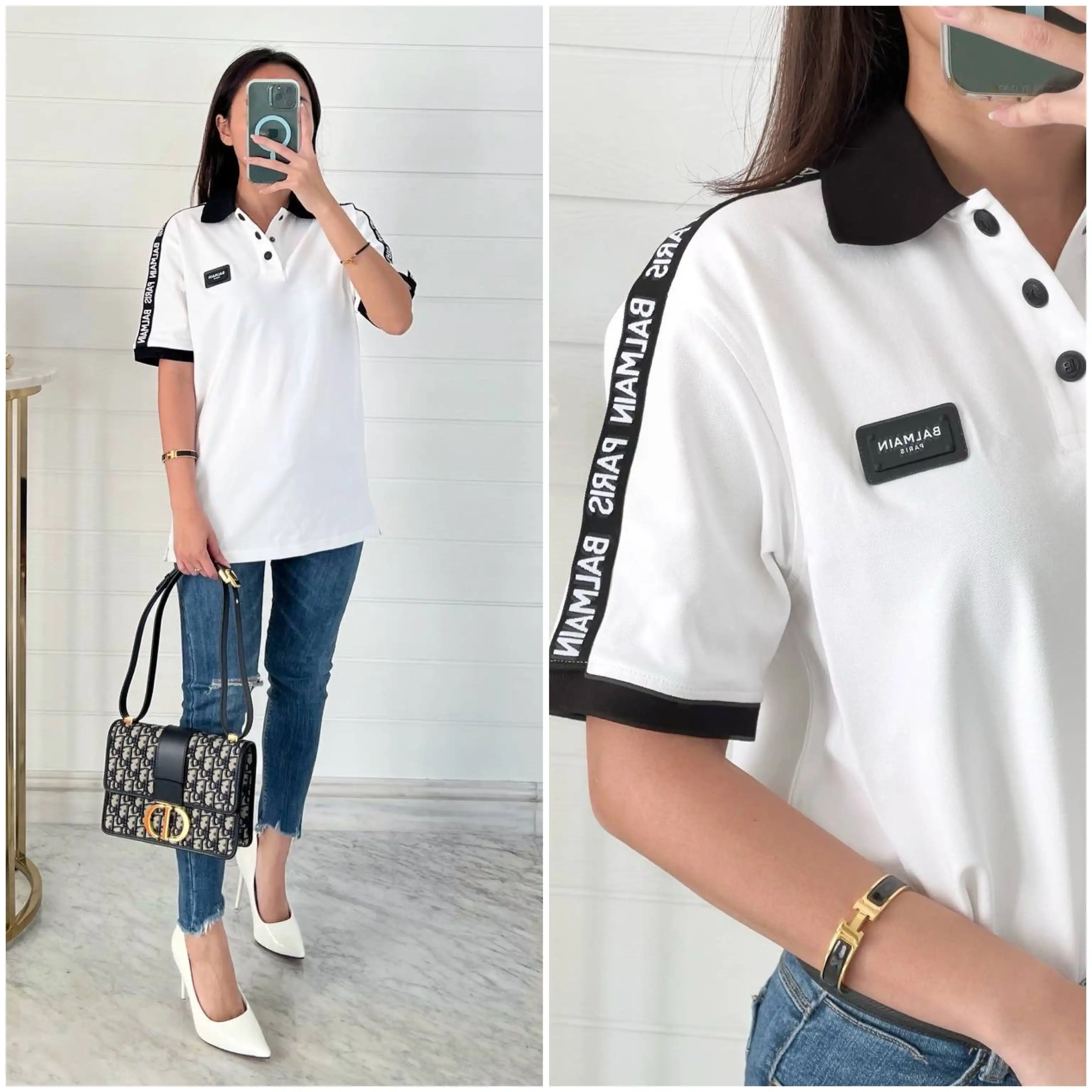 Balmain Balmain Polo Shirt White Black Collar Logo Tape on Shoulder