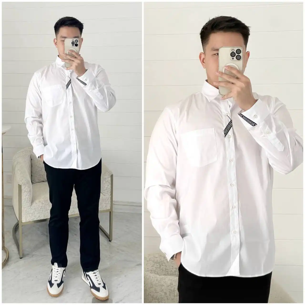 Balmain Balmain Long Sleeve Shirt White Logo Mini Tape