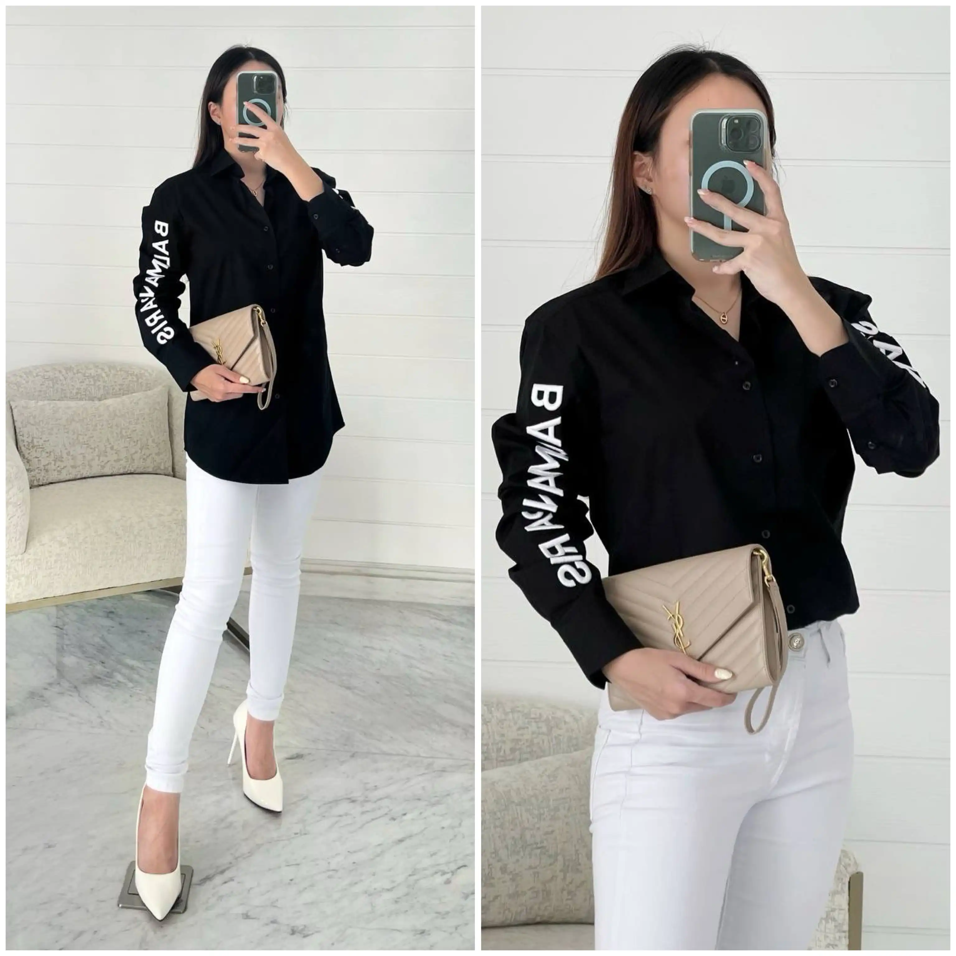Balmain Long Sleeve Shirt Black Logo Embroidered White on Sleeve - photo 2