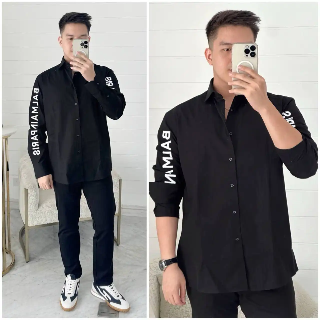 Balmain Long Sleeve Shirt Black Logo Embroidered White on Sleeve - photo 3
