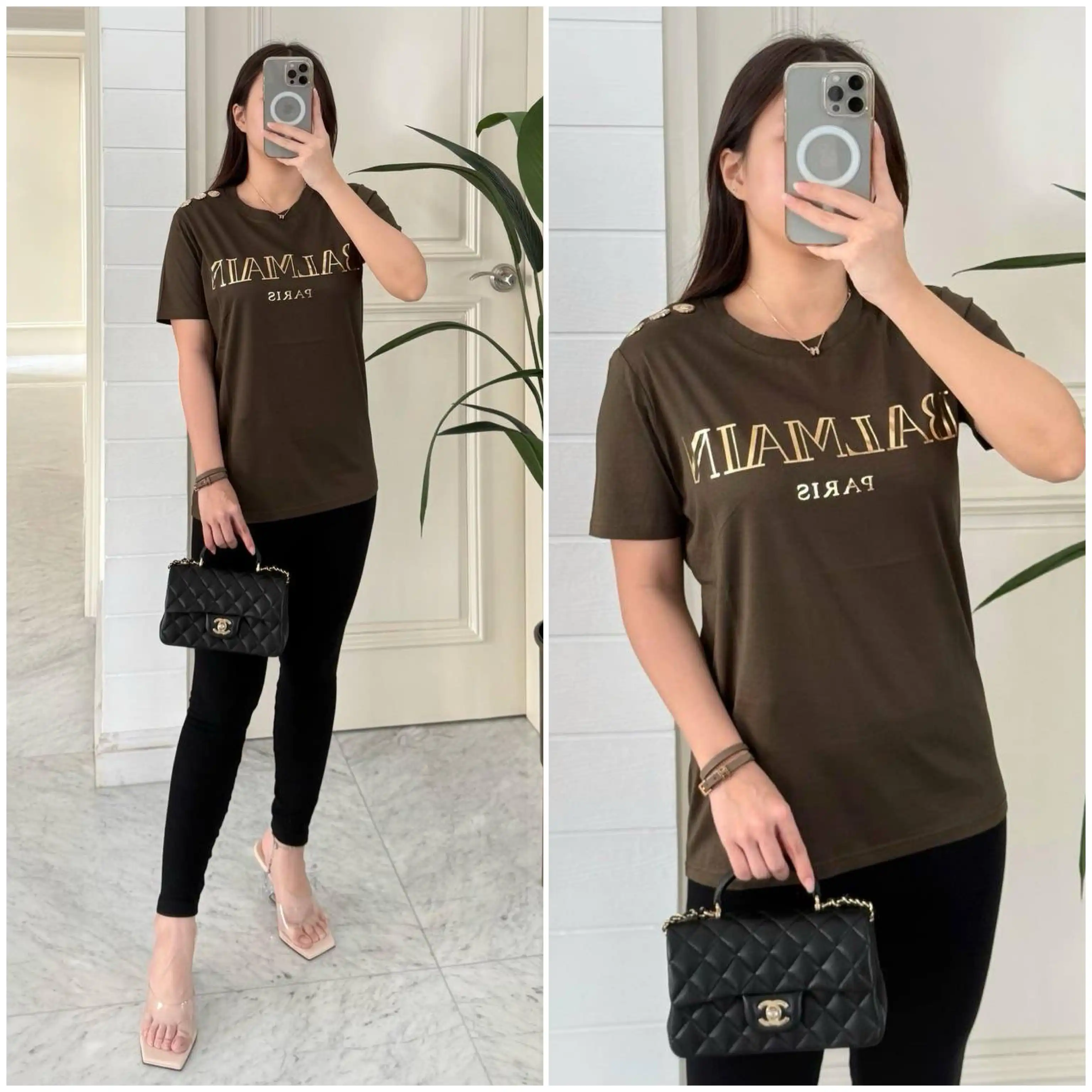 Balmain Balmain Tshirt Khaki Classic Logo Big Button
