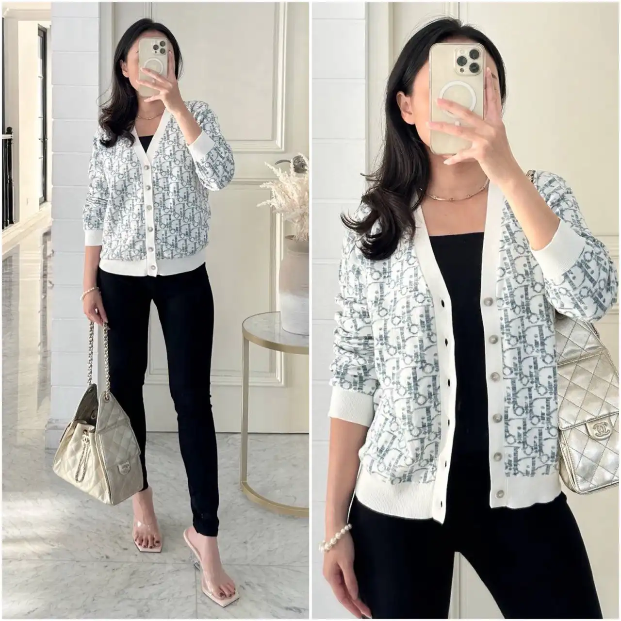 DIOR Dior Cardigan White Dior Oblique Blue Cotton And Hemp Knit Jacquard