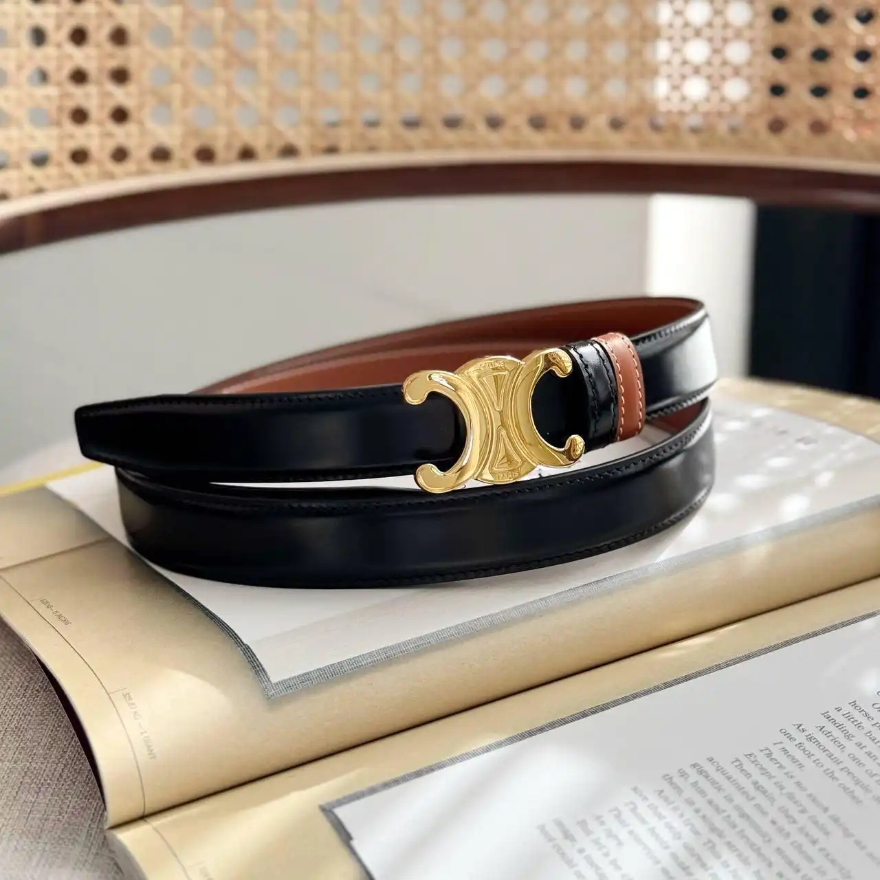 Celine Celine Triomphe Belt Reverse Black Tan 2.5 Cm