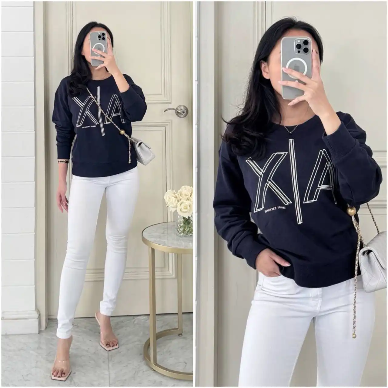 Armani Exchange AX Outline Logo Print Crew Neck Sweatshirt Blueberry Jelly - photo 1