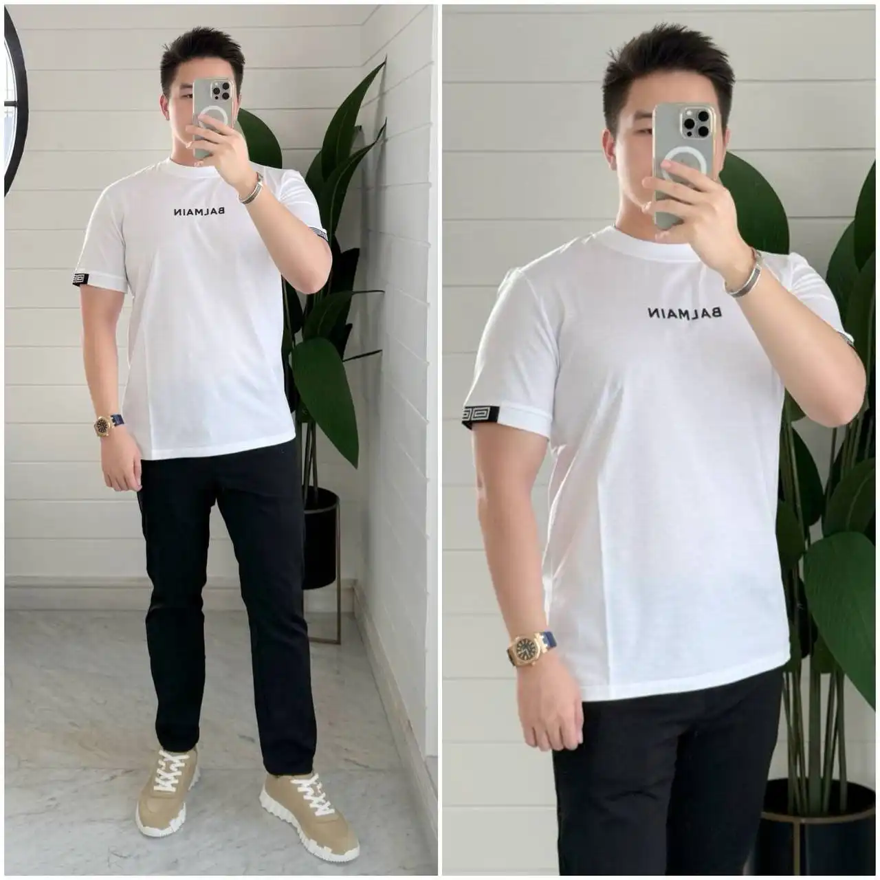 Balmain Tshirt White Logo On Arm Square Black - photo 3