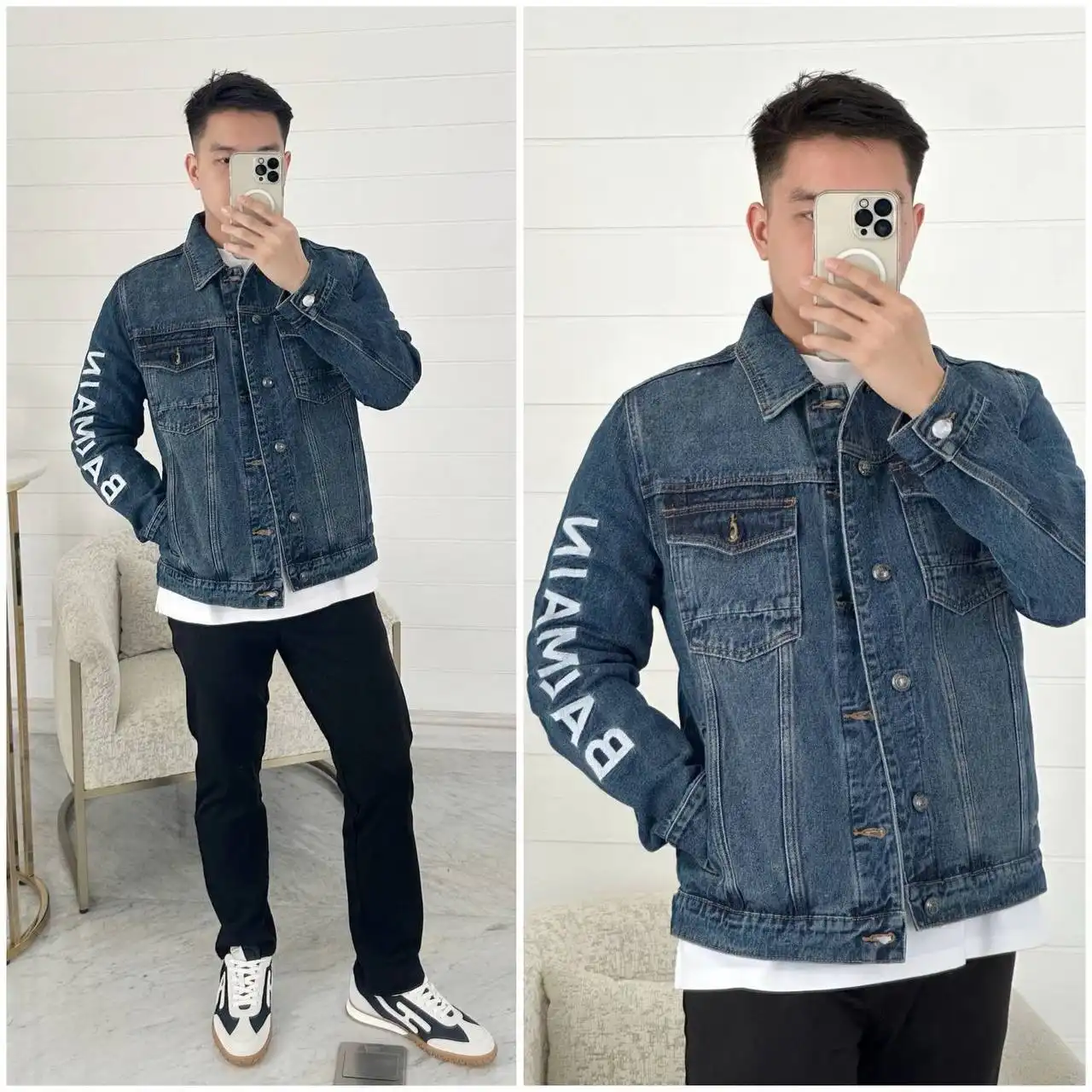 Balmain Jacket Denim Blue Logo White on Sleeve - photo 3