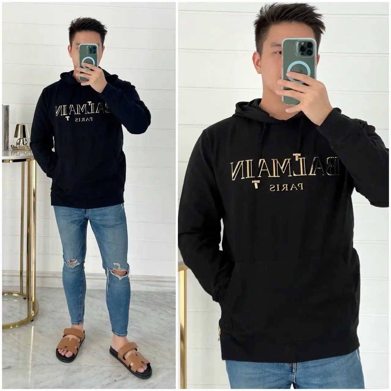 Balmain Hoodie Black Classic Font Logo Mid Gold - photo 3