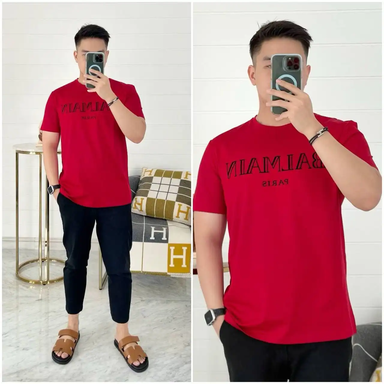 Balmain Tshirt Red Font Logo Black | Snowceline Luxuries