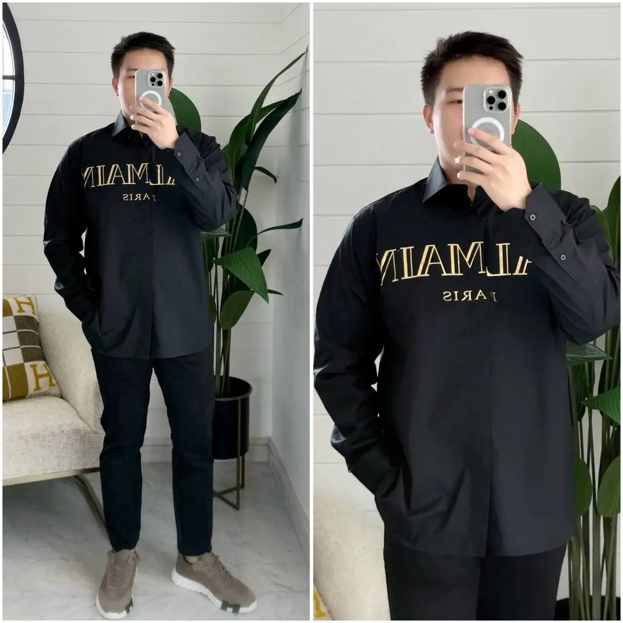 Balmain Long Sleeve Shirt Black Logo Gold - photo 3