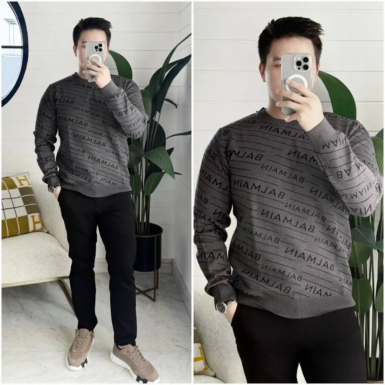 Balmain Sweatshirt All Over Logo Dark Grey - photo 3