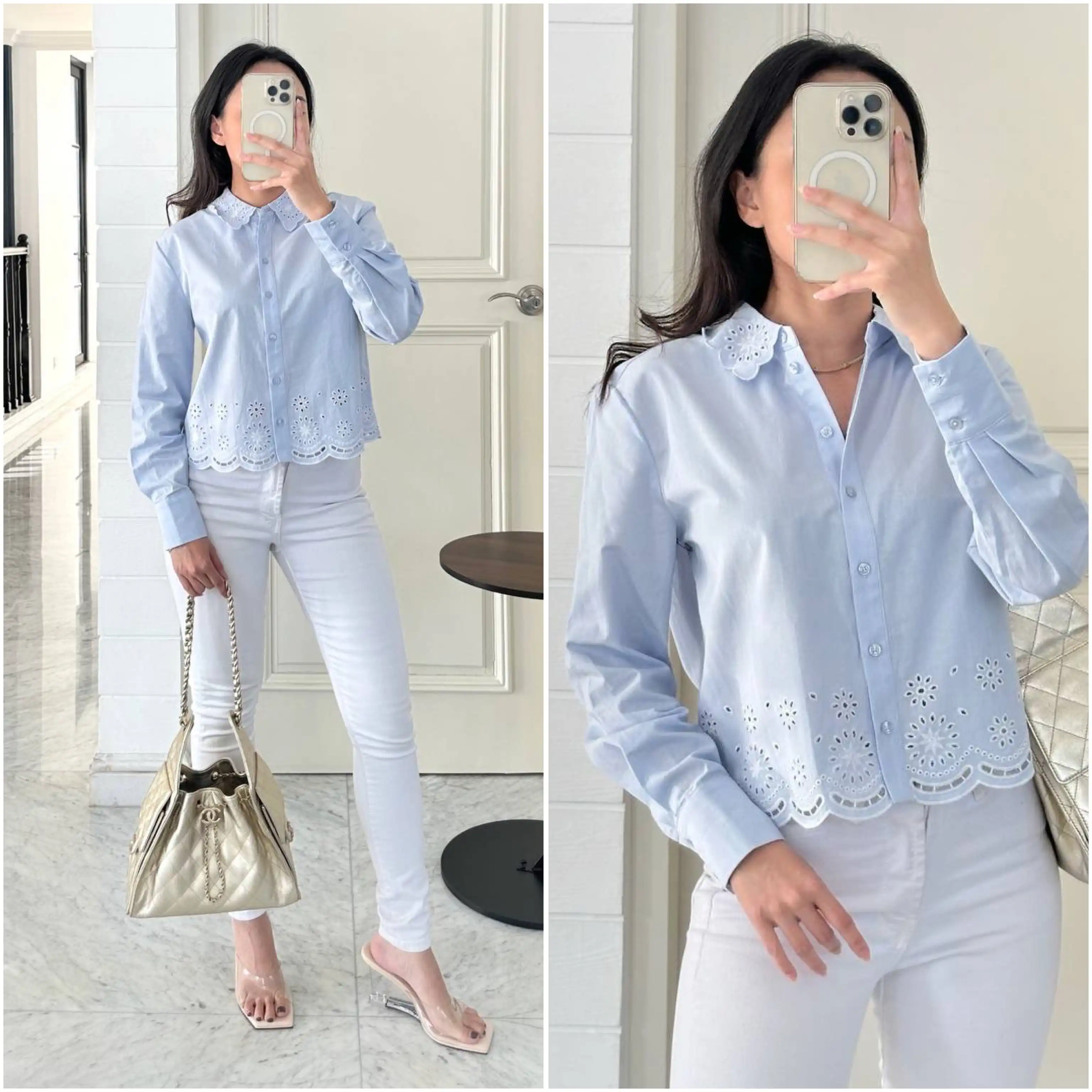 Saks Fifth Avenue Saks Fifth Avenue Eyelet Emboirdery Scalloped Shirt Sky Blue White