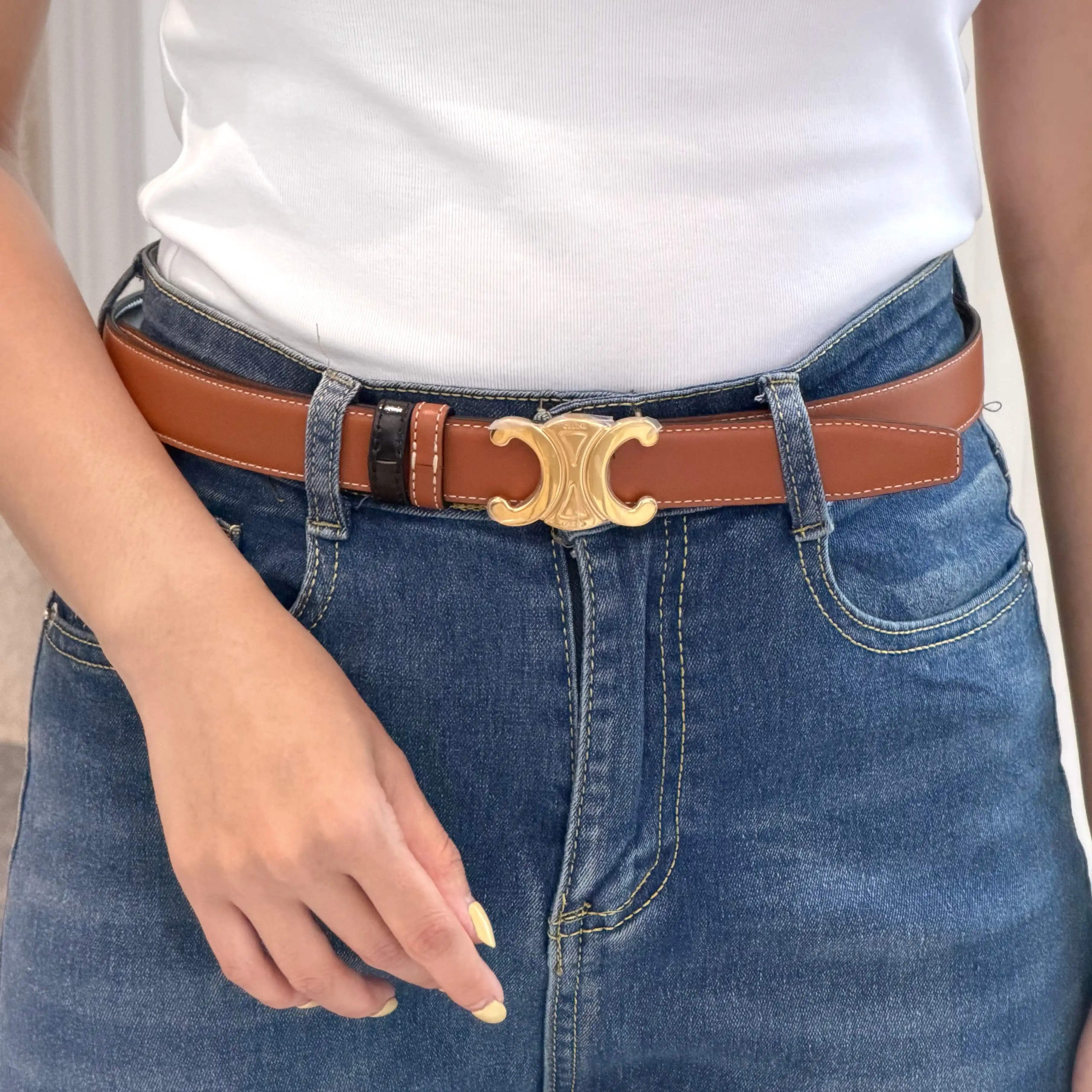 Celine Celine Triomphe Belt Reverse Black Tan 2.5 Cm