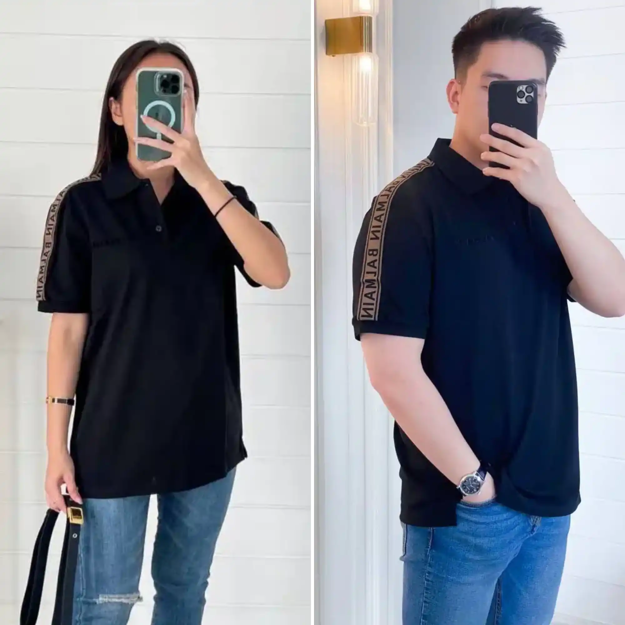 Balmain Polo Shirt Black Logo Tape Brown on Shoulder - photo 1