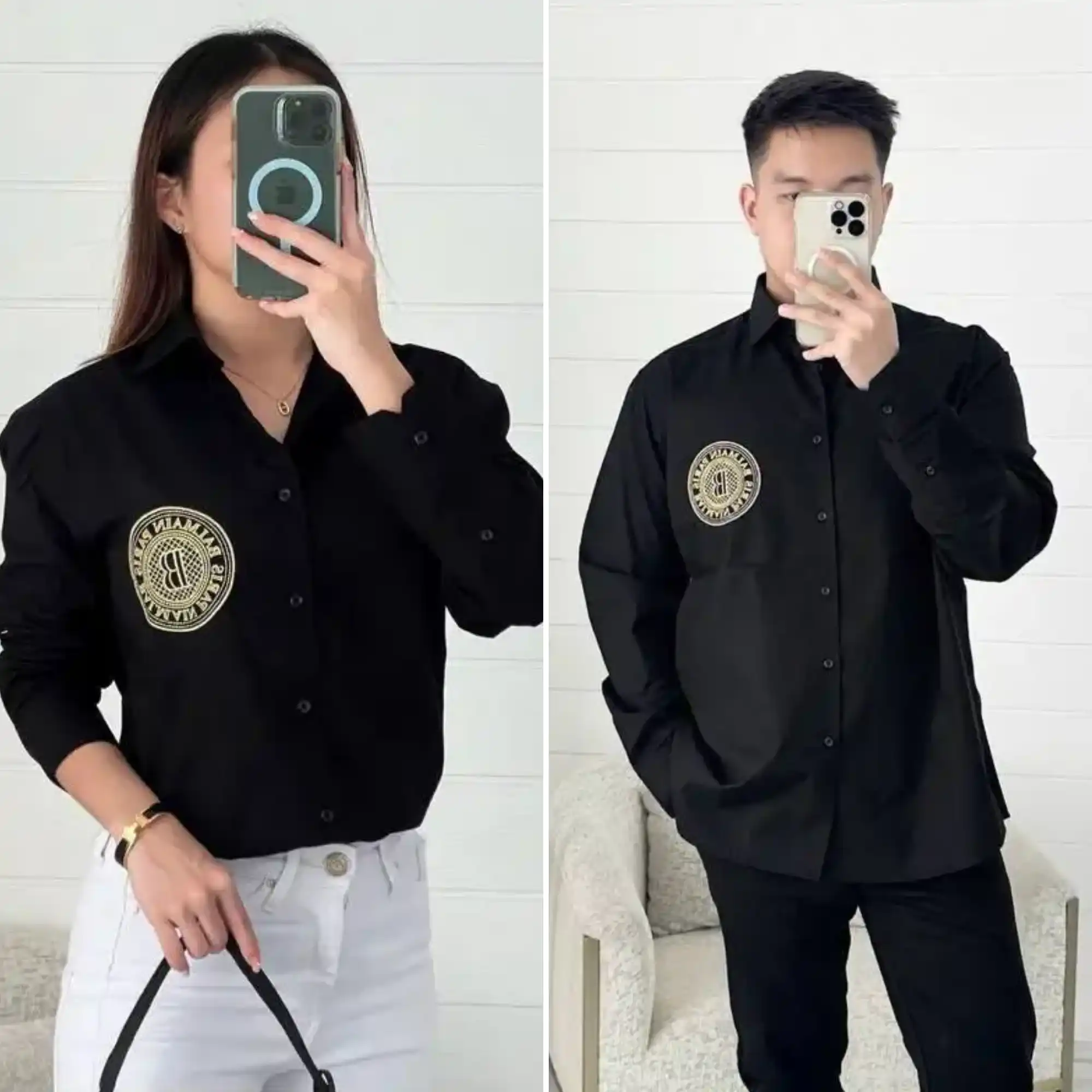 Balmain Balmain Long Sleeve Shirt Black Logo Embroidered Gold Medalion