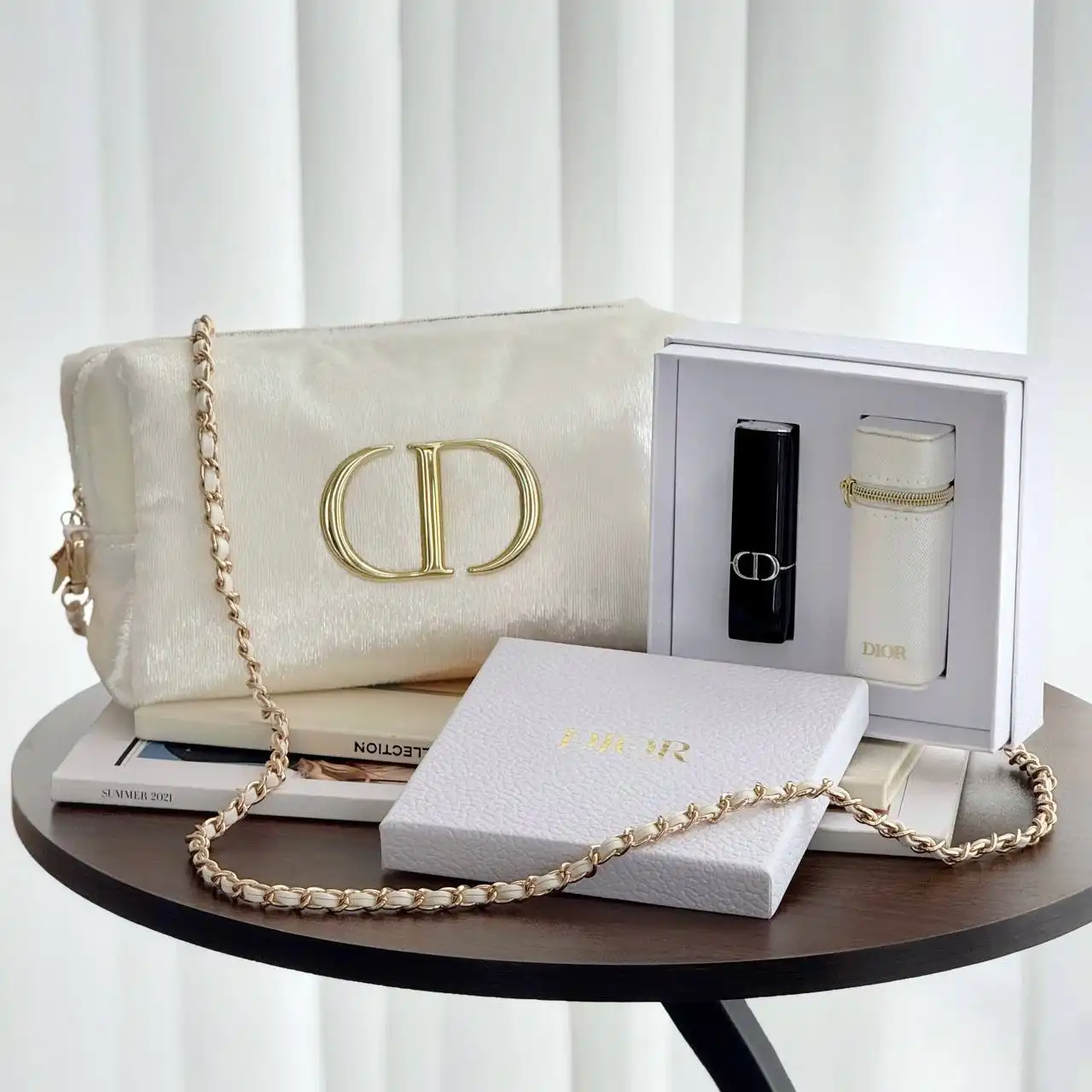 DIOR Dior Pouch Sling Shimmer White Set with Pearl Chain