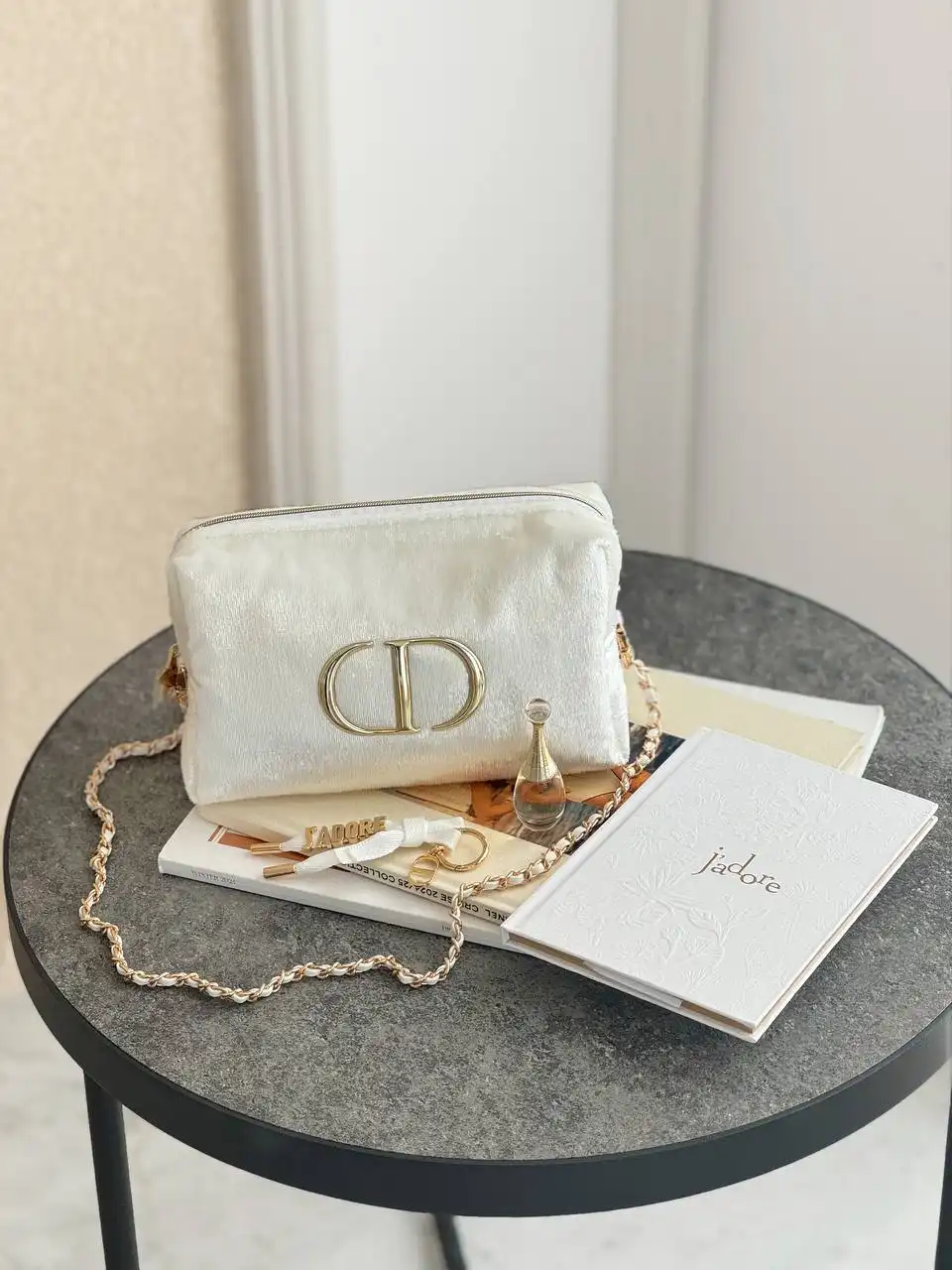 DIOR Dior Pouch Sling Shimmer White Set with Pearl Chain