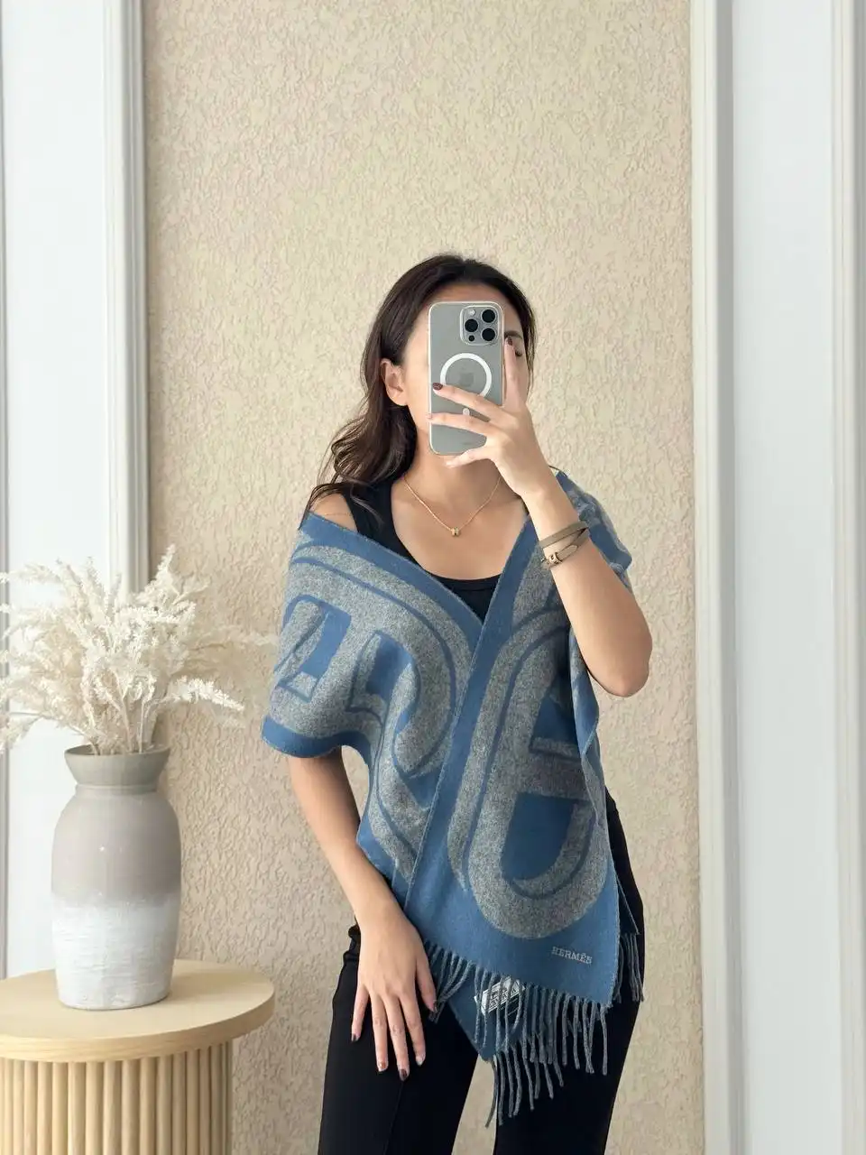 Hermes Maillons TGM Scarf Gris Chine / Bleu Turquin - photo 3