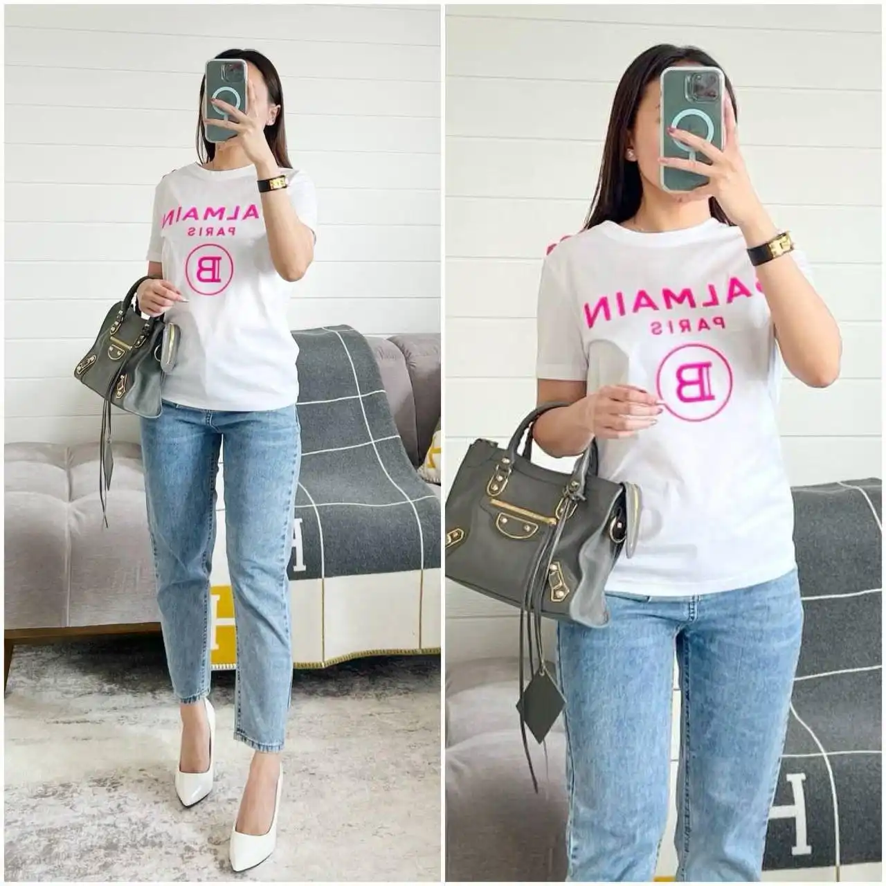 Balmain Balmain Tshirt White with Pink Logo Pink button