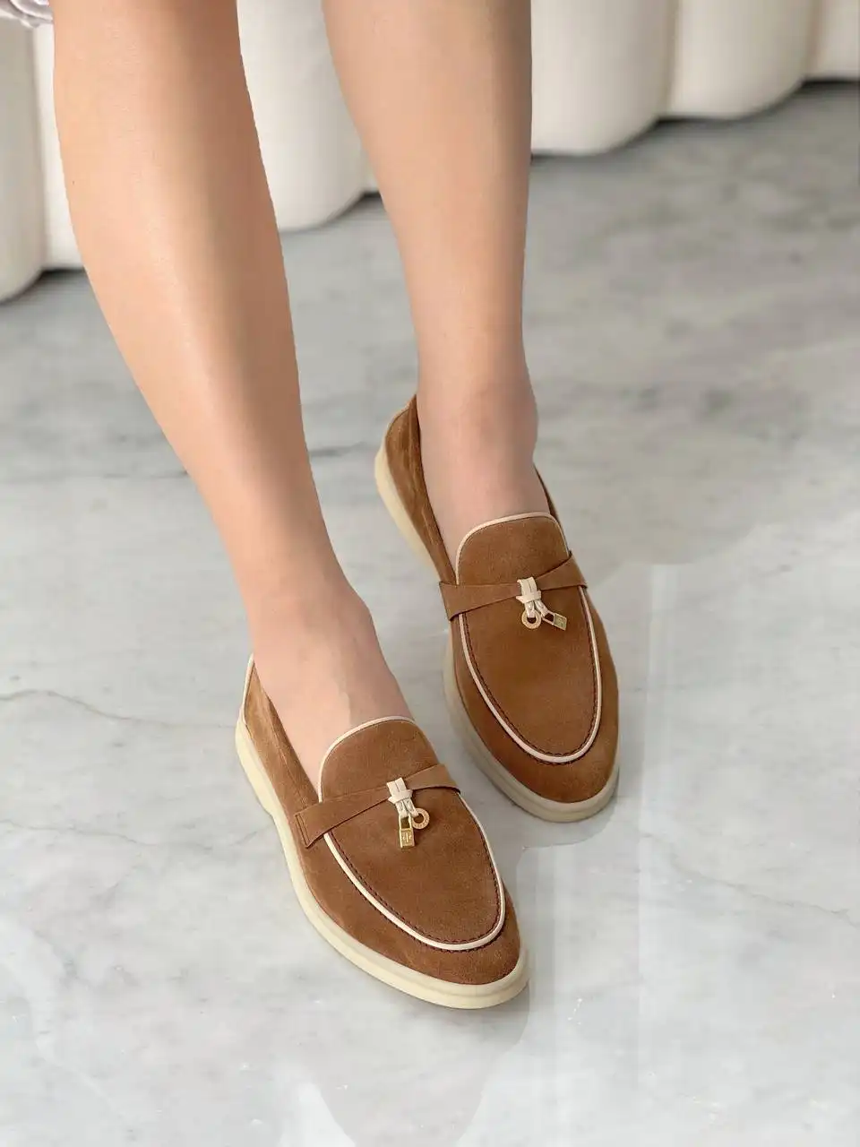 Loro Piana Summer Charm Walk Loafers Colour Vicuna List White GHW