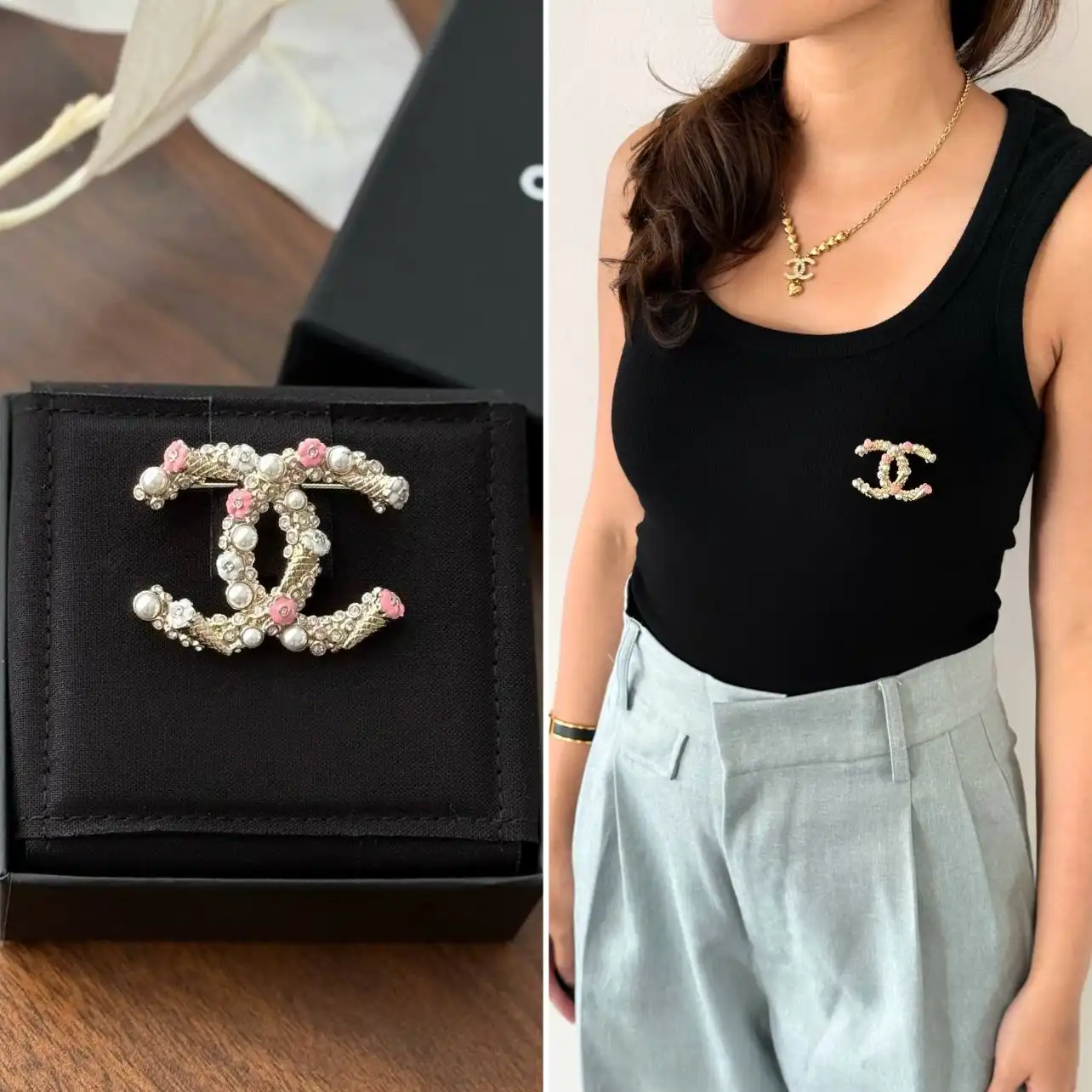 CHANEL Chanel Brooch Pink Flower With Pearl GHW