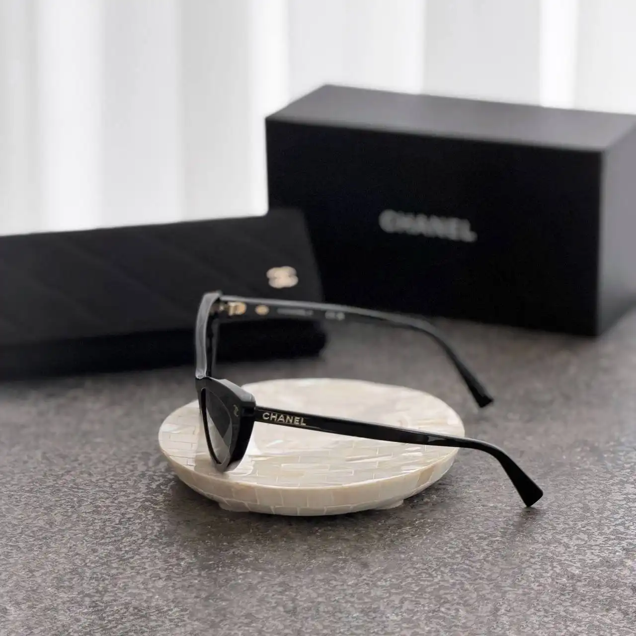 CHANEL Chanel Cat Eye Sunglasses Acetate Black Lenses Grey