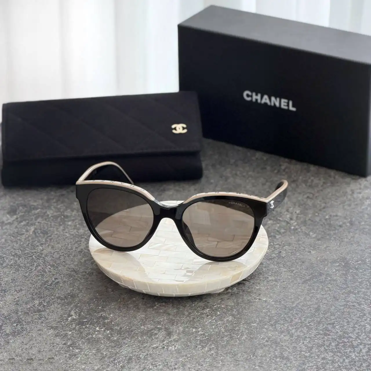 CHANEL Chanel Butterfly Sunglasses Acetate, Black & Beige Lenses Brown