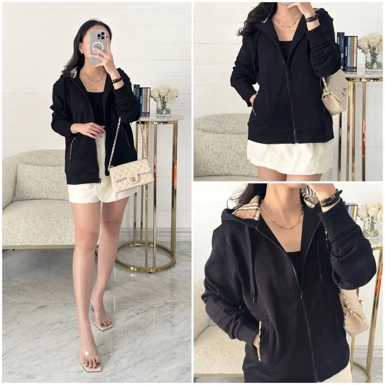 Burberry Zip Up Hoodie With Check Hood Black Archive Beige - photo 1