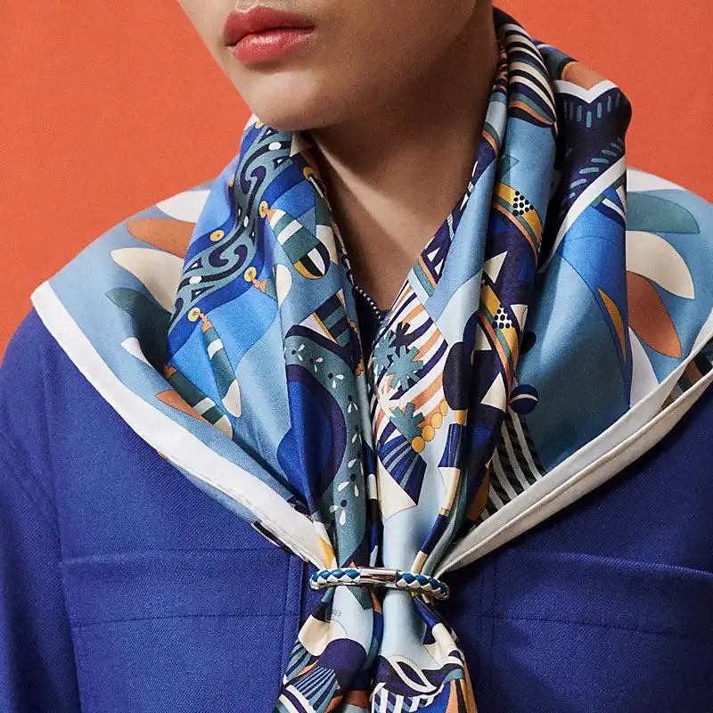 Hermes Chaine dAncre Tressee Scarf 90 Ring Palladie / Bleu - photo 3