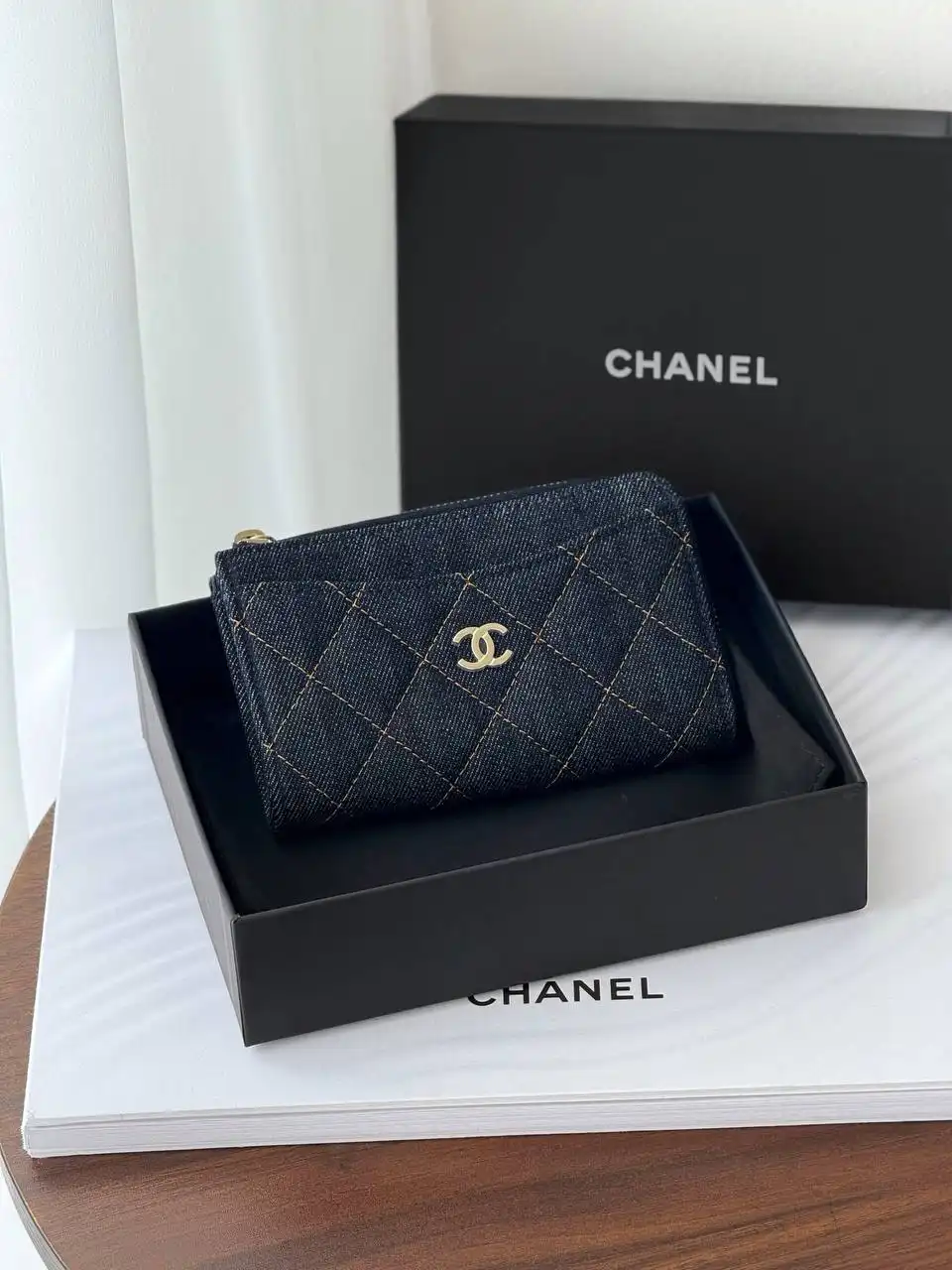 CHANEL Chanel Card Wallet With Zip Denim Black GHW