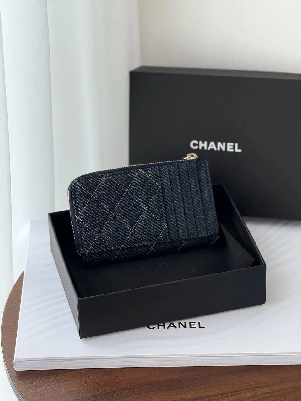 CHANEL Chanel Card Wallet With Zip Denim Black GHW