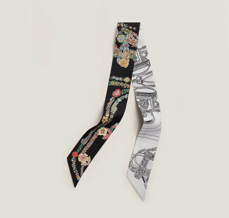 Hermes Twilly Brides de Gala En Fleurs Twilly Noir Black  / Multicolore / Blanc White - photo 3