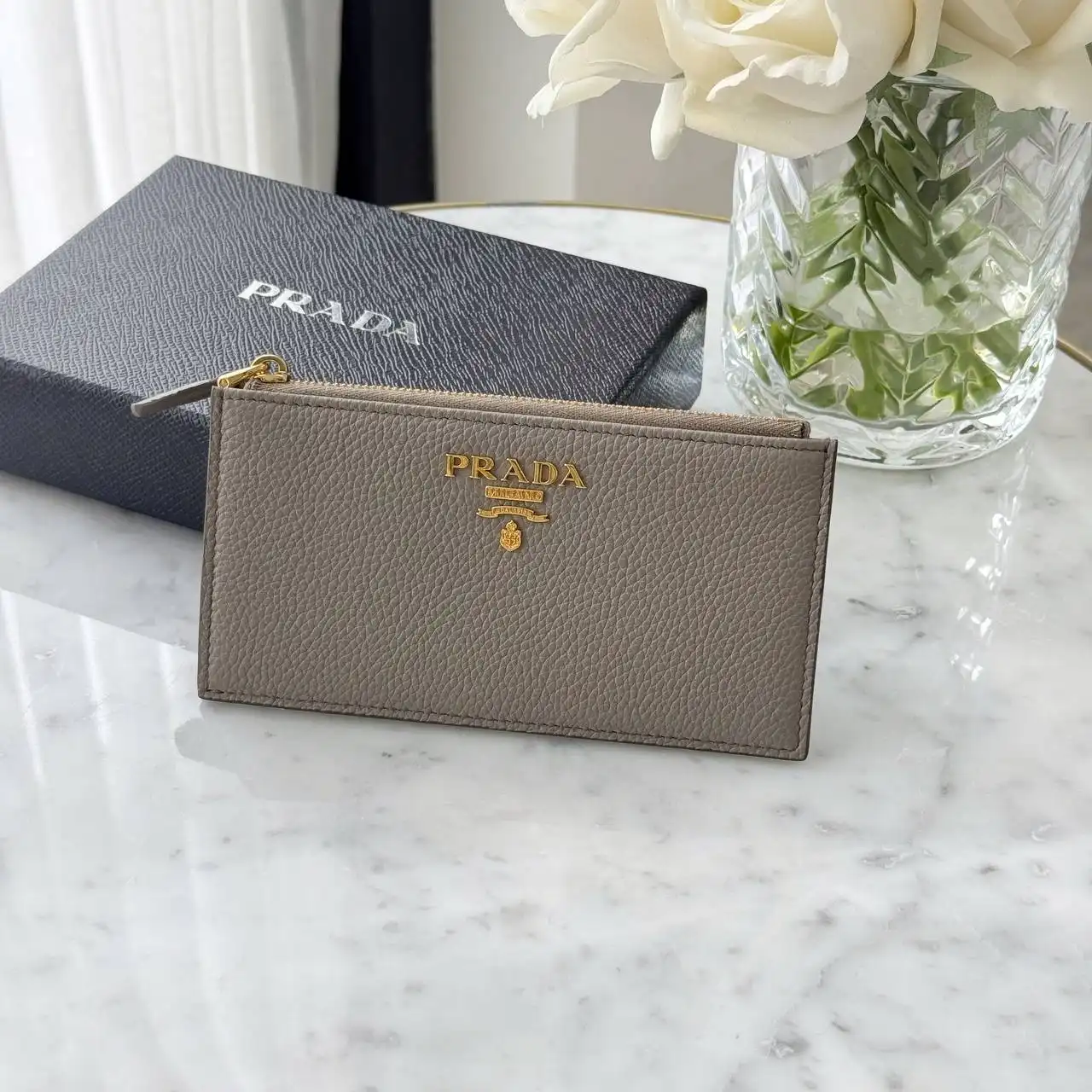 Prada Prada Zip Pouch Card Wallet Grey Grained