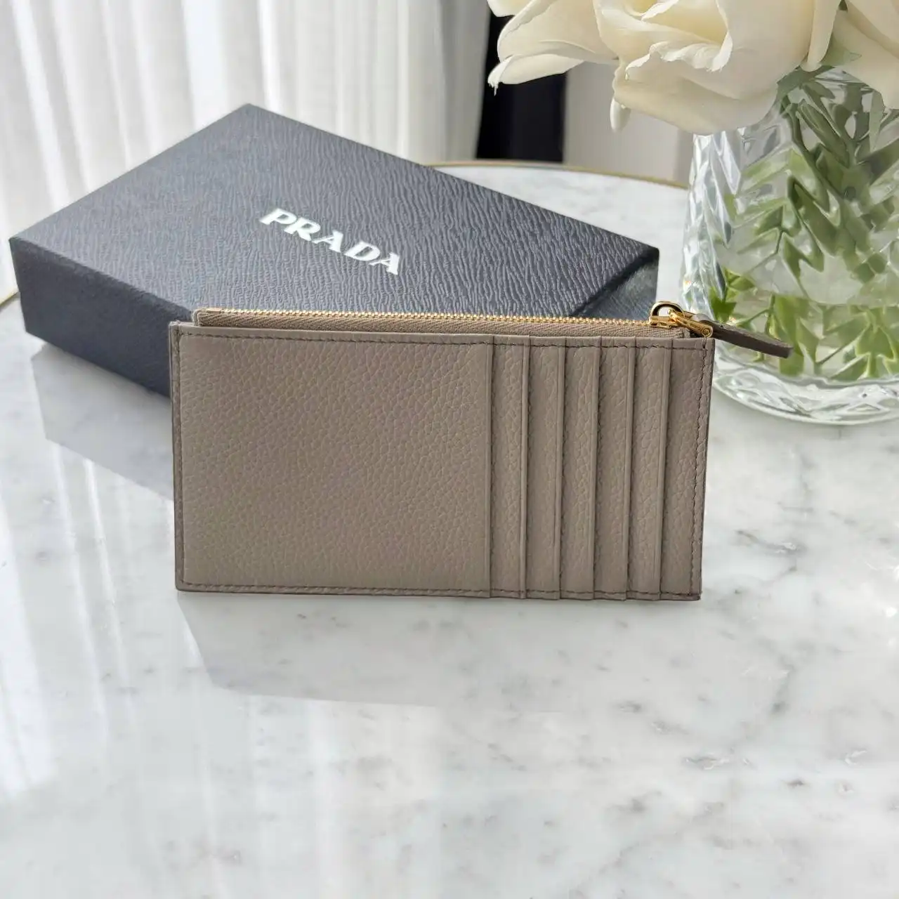 Prada Prada Zip Pouch Card Wallet Grey Grained