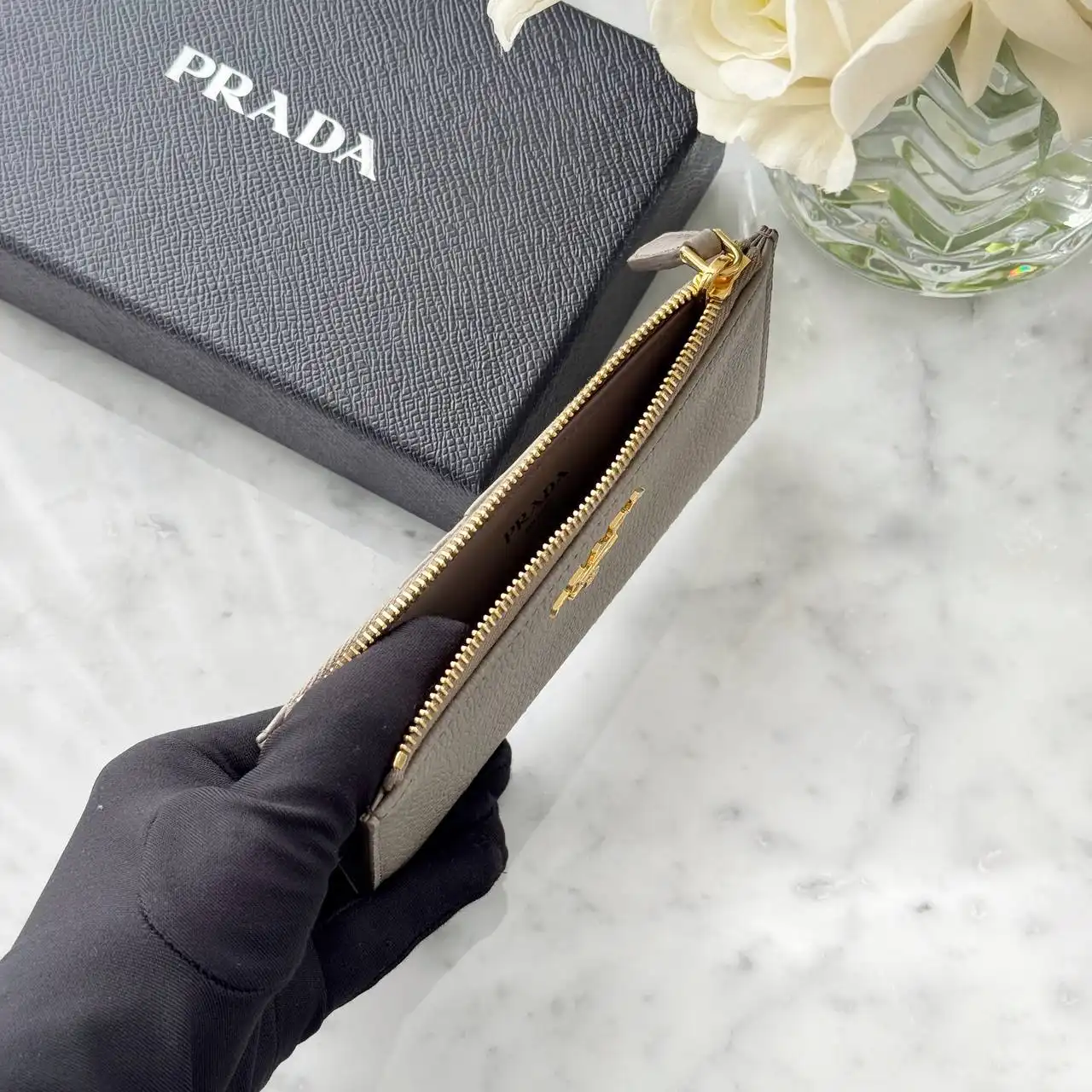 Prada Zip Pouch Card Wallet Grey Grained - photo 3